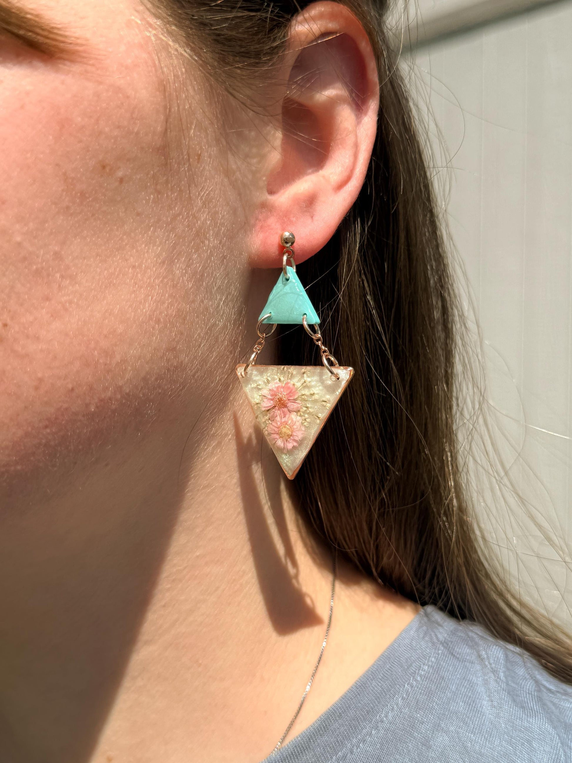 Teal & Pink Pressed Flower Resin Earrings: Geometric Statement Jewelry