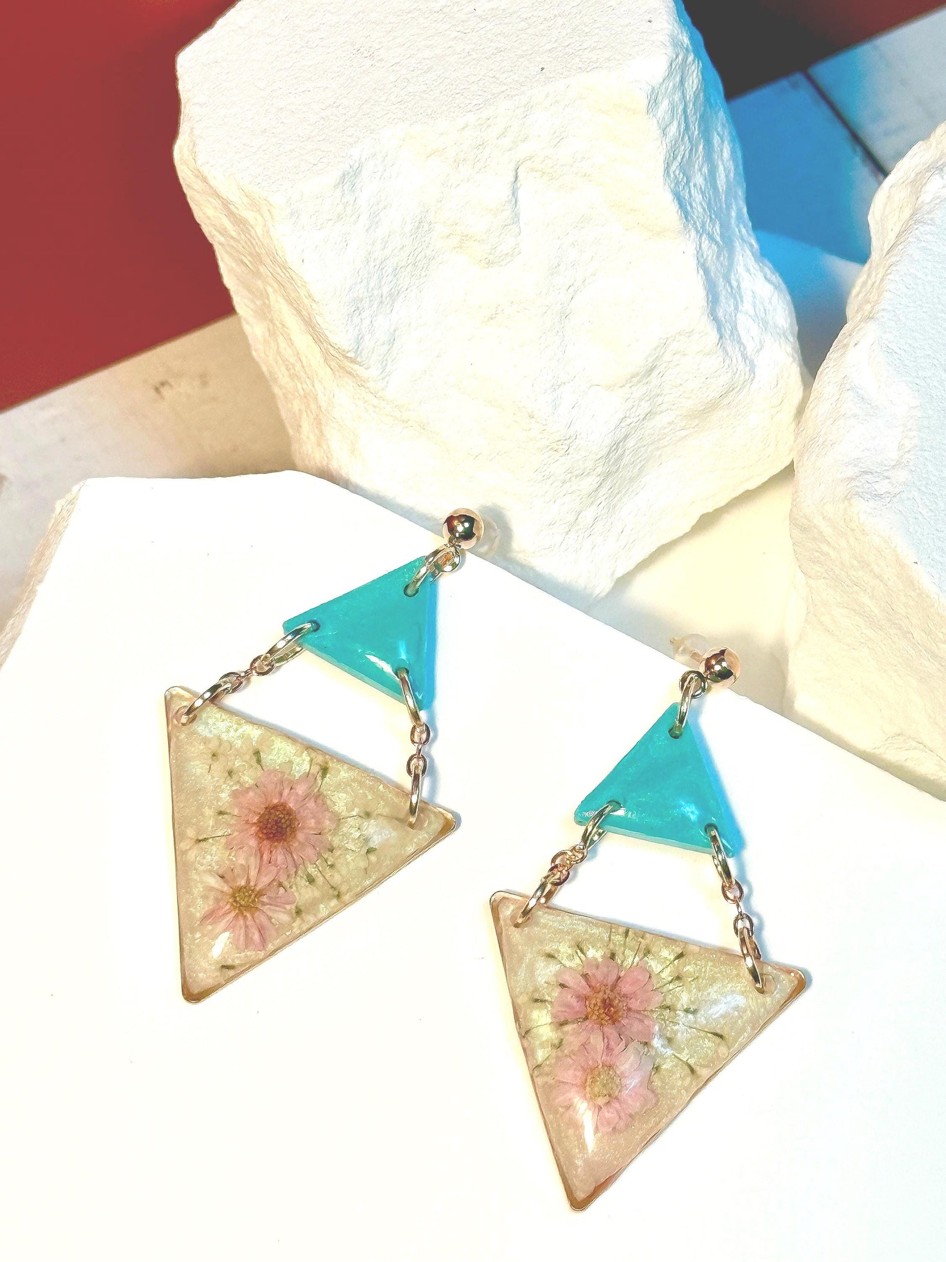Teal & Pink Pressed Flower Resin Earrings: Geometric Statement Jewelry