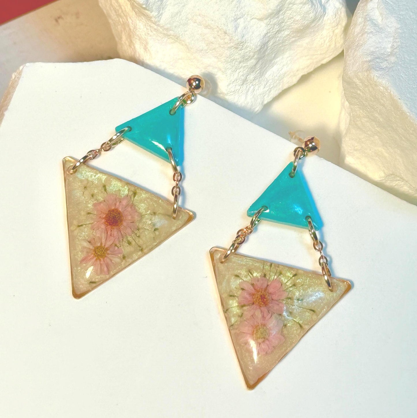 Teal & Pink Pressed Flower Resin Earrings: Geometric Statement Jewelry