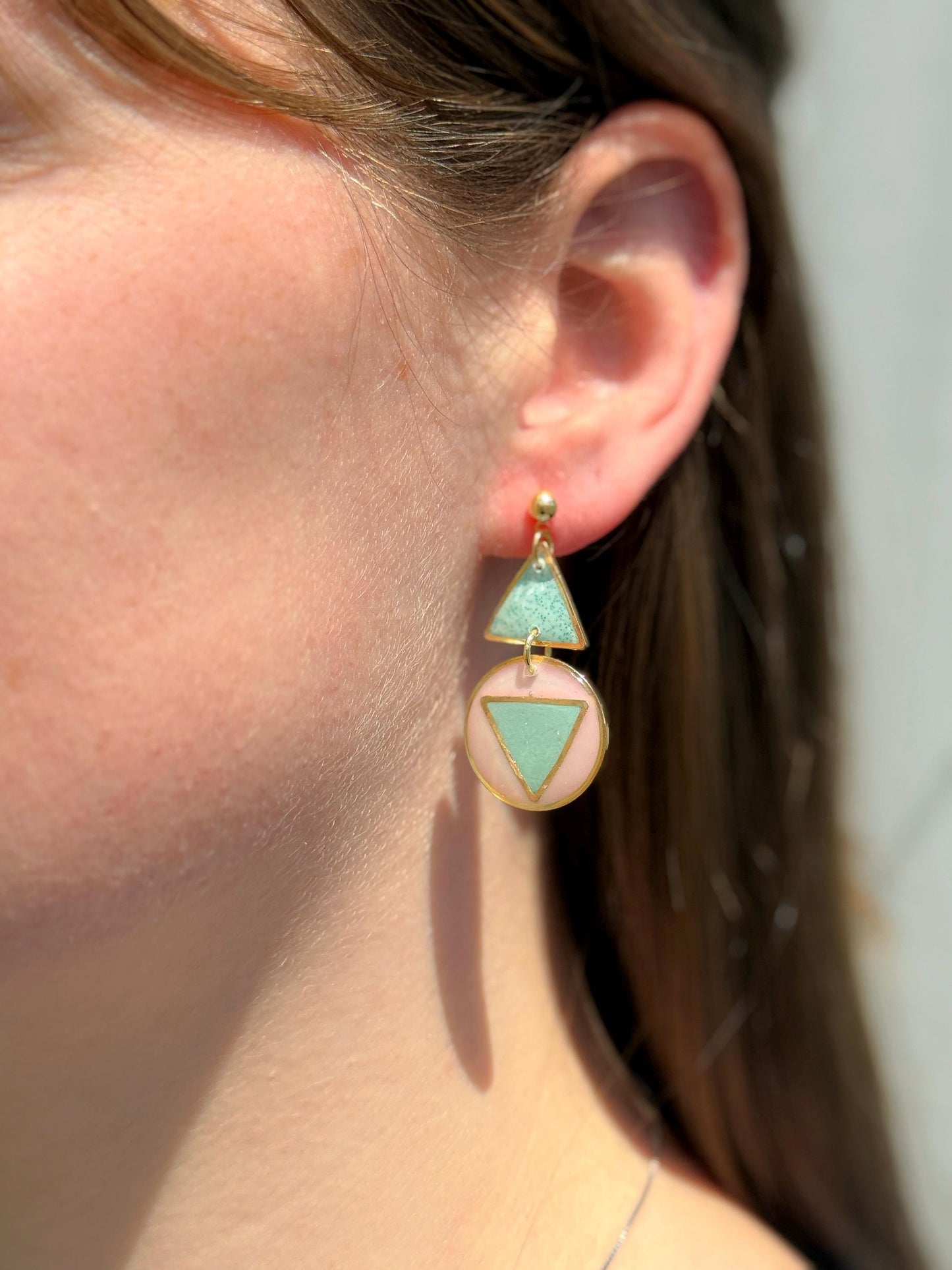 Resin Geometric Earrings: Pink Teal Retro Statement Dangle