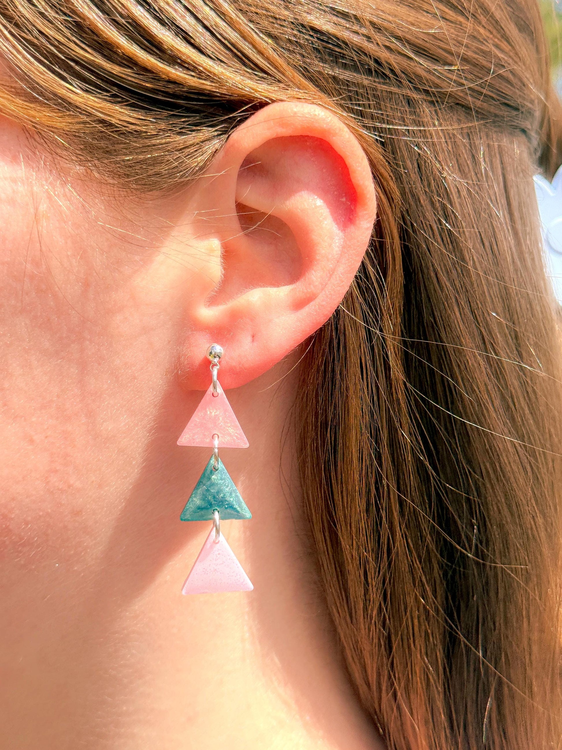 Resin Statement Earrings: Geometric Triangle Dangles, Pink & Teal Retro Flair