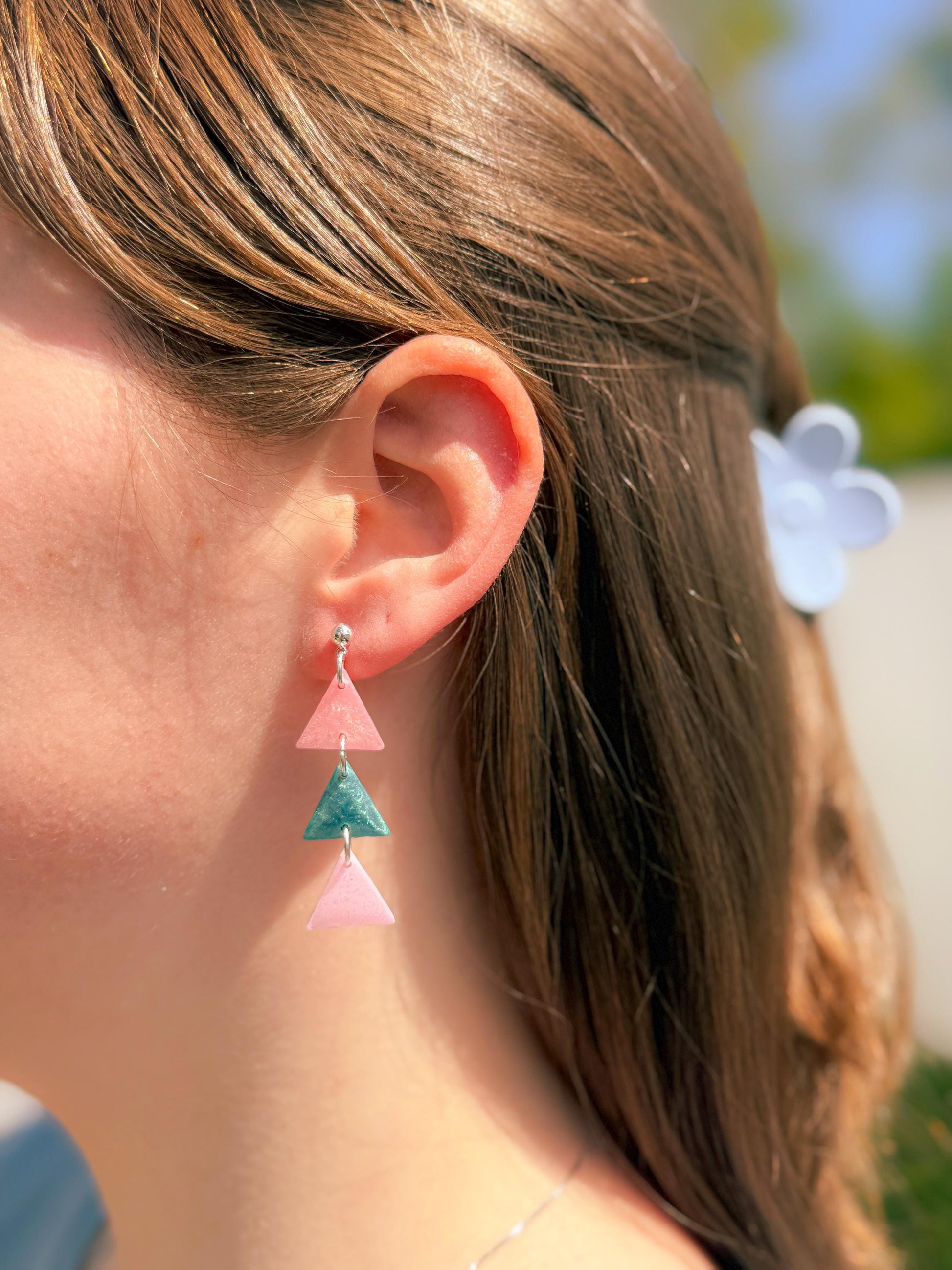 Resin Statement Earrings: Geometric Triangle Dangles, Pink & Teal Retro Flair