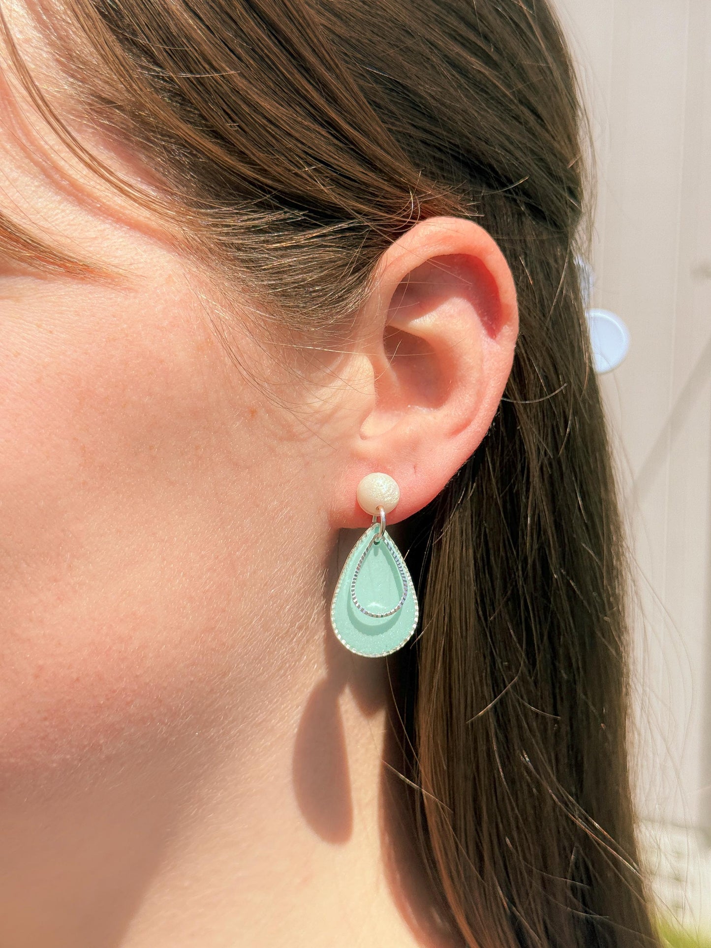 Teardrop Earrings, Resin Earrings, Pearl Stud Dangle | Teal Layered Drops, Handmade Statement Gift for Her