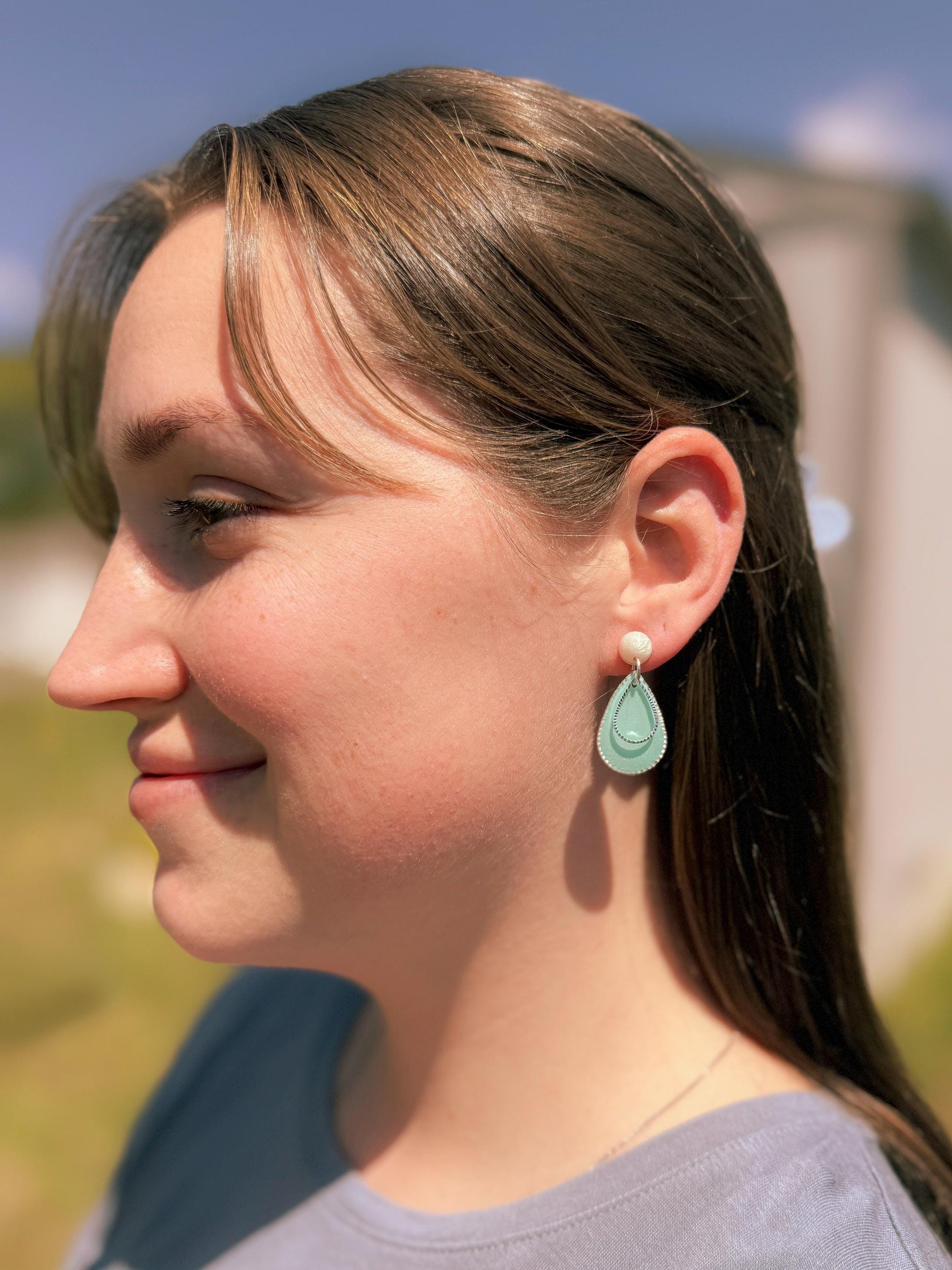 Teardrop Earrings, Resin Earrings, Pearl Stud Dangle | Teal Layered Drops, Handmade Statement Gift for Her