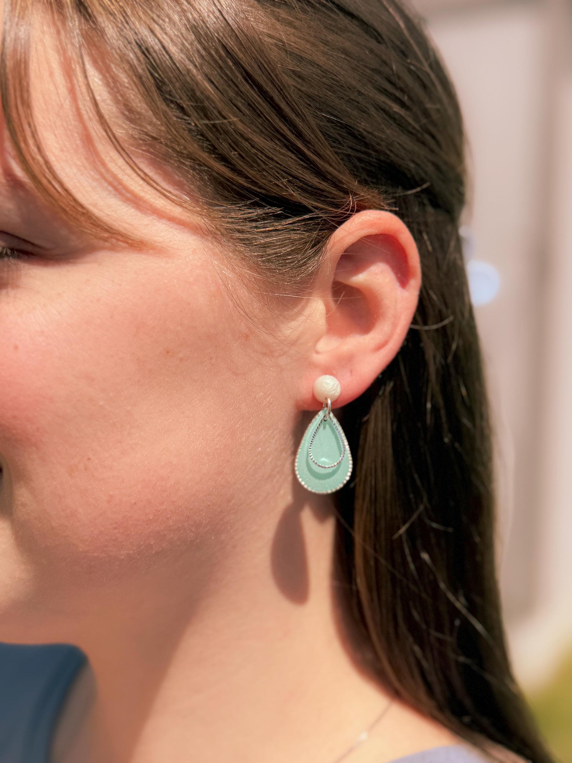 Teardrop Earrings, Resin Earrings, Pearl Stud Dangle | Teal Layered Drops, Handmade Statement Gift for Her