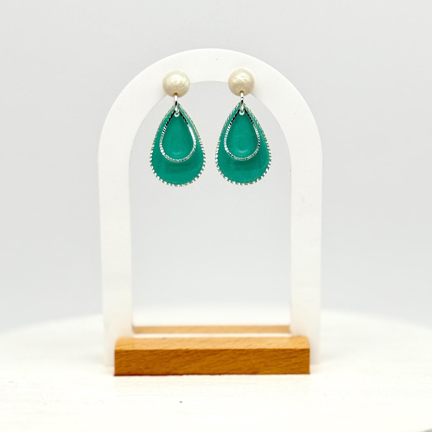 Teardrop Earrings, Resin Earrings, Pearl Stud Dangle | Teal Layered Drops, Handmade Statement Gift for Her