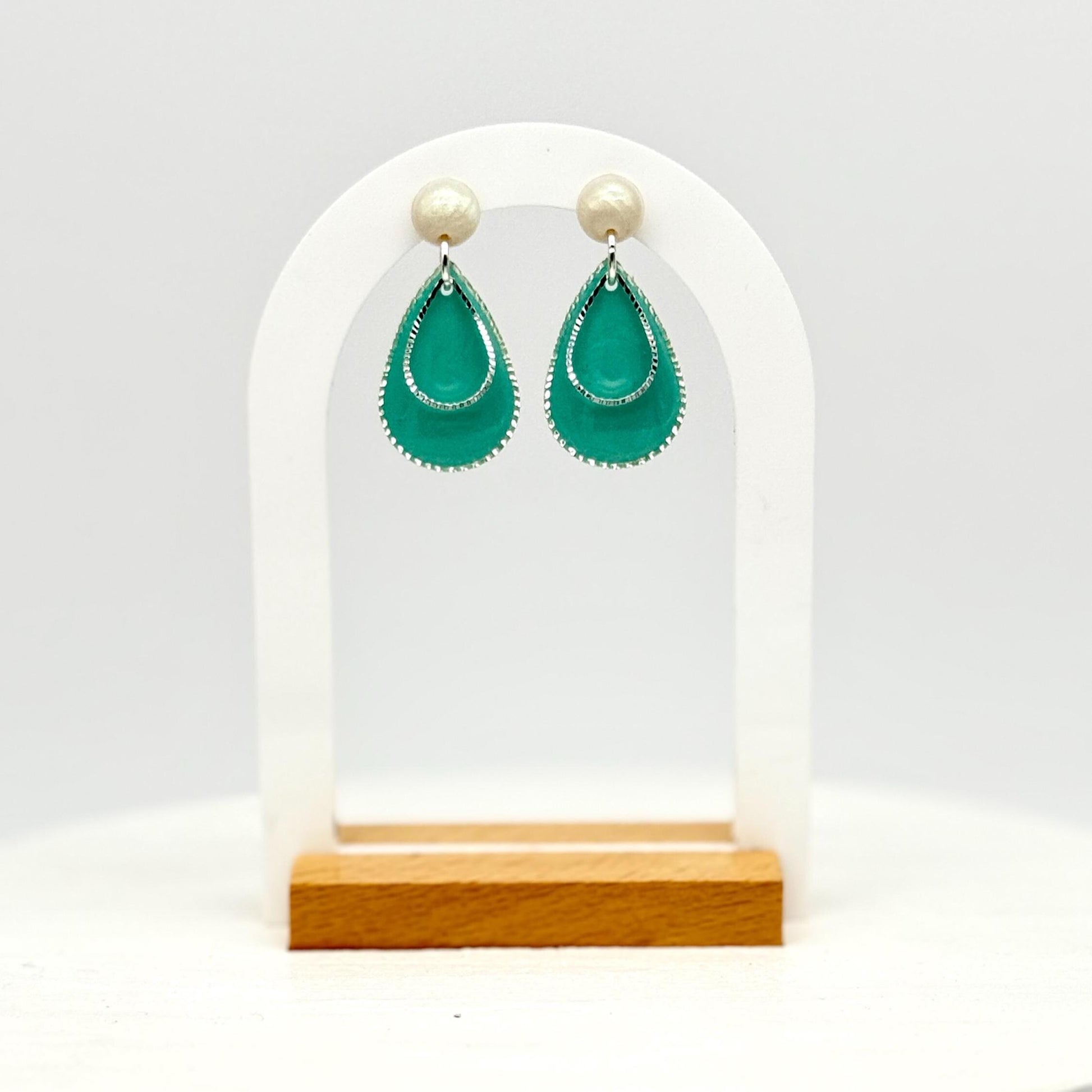 Teardrop Earrings, Resin Earrings, Pearl Stud Dangle | Teal Layered Drops, Handmade Statement Gift for Her