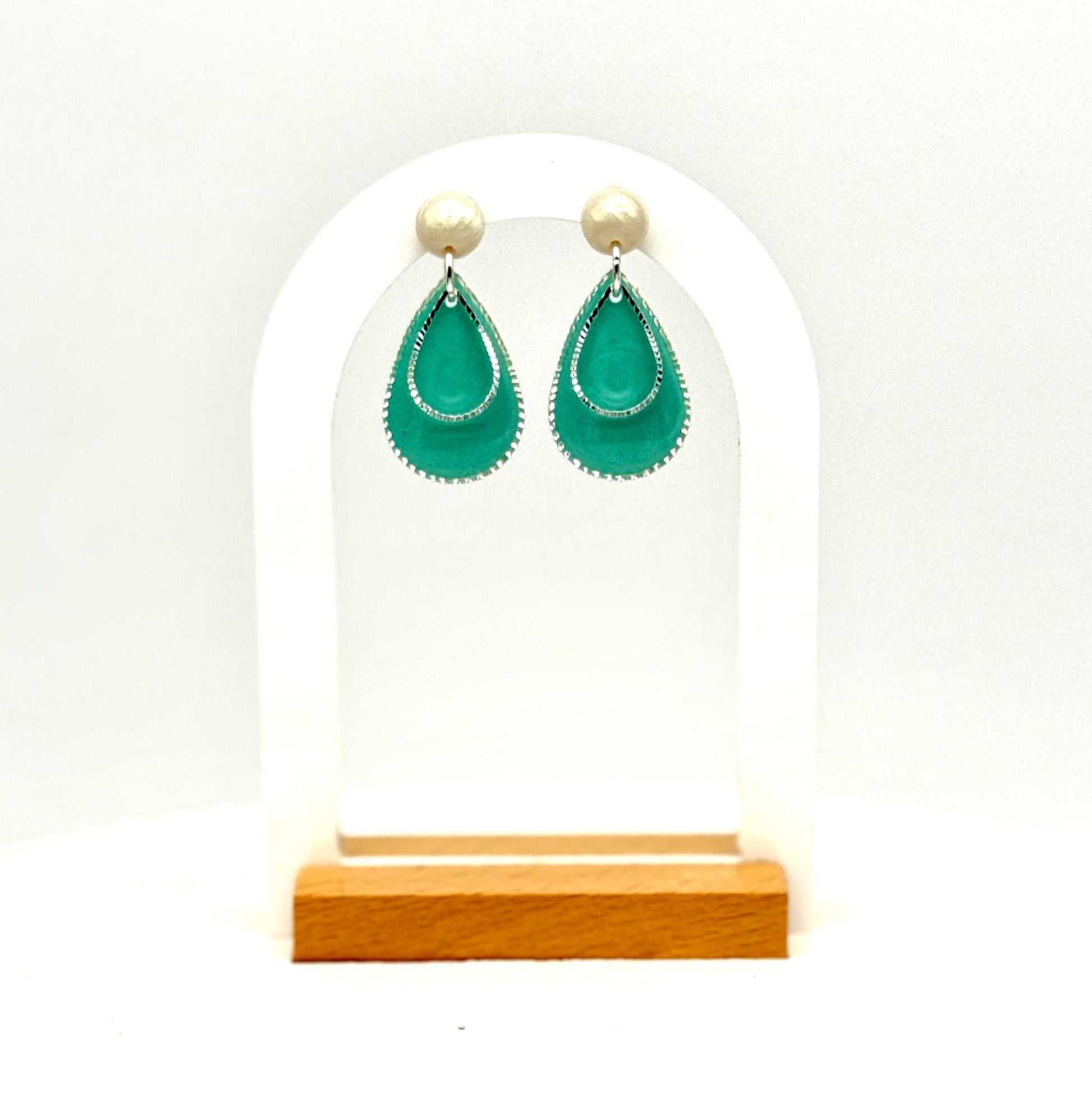 Teardrop Earrings, Resin Earrings, Pearl Stud Dangle | Teal Layered Drops, Handmade Statement Gift for Her