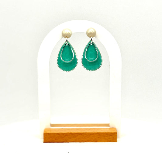 Teardrop Earrings, Resin Earrings, Pearl Stud Dangle | Teal Layered Drops, Handmade Statement Gift for Her