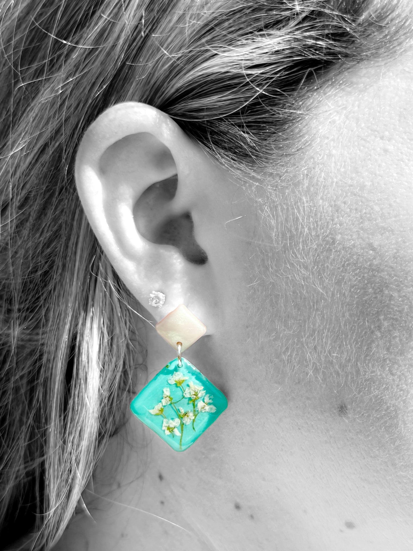 Teal Resin Earrings: Pressed Baby's Breath Diamond Dangle