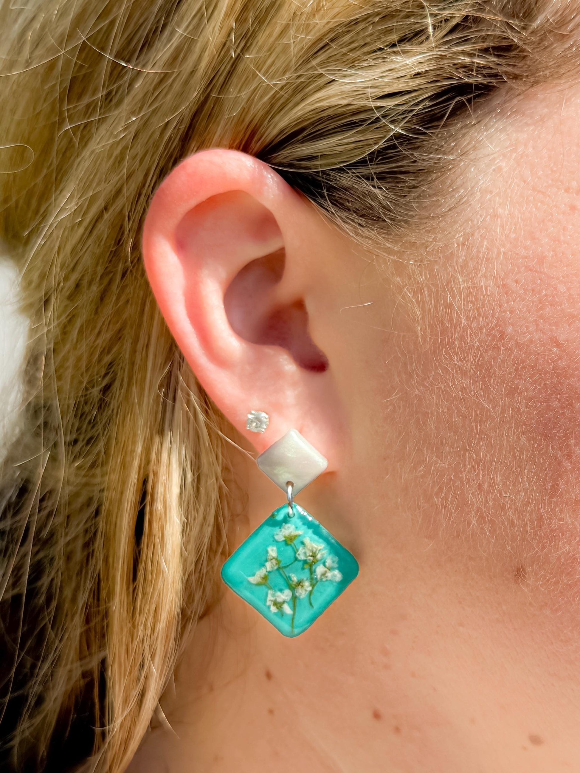 Teal Resin Earrings: Pressed Baby's Breath Diamond Dangle