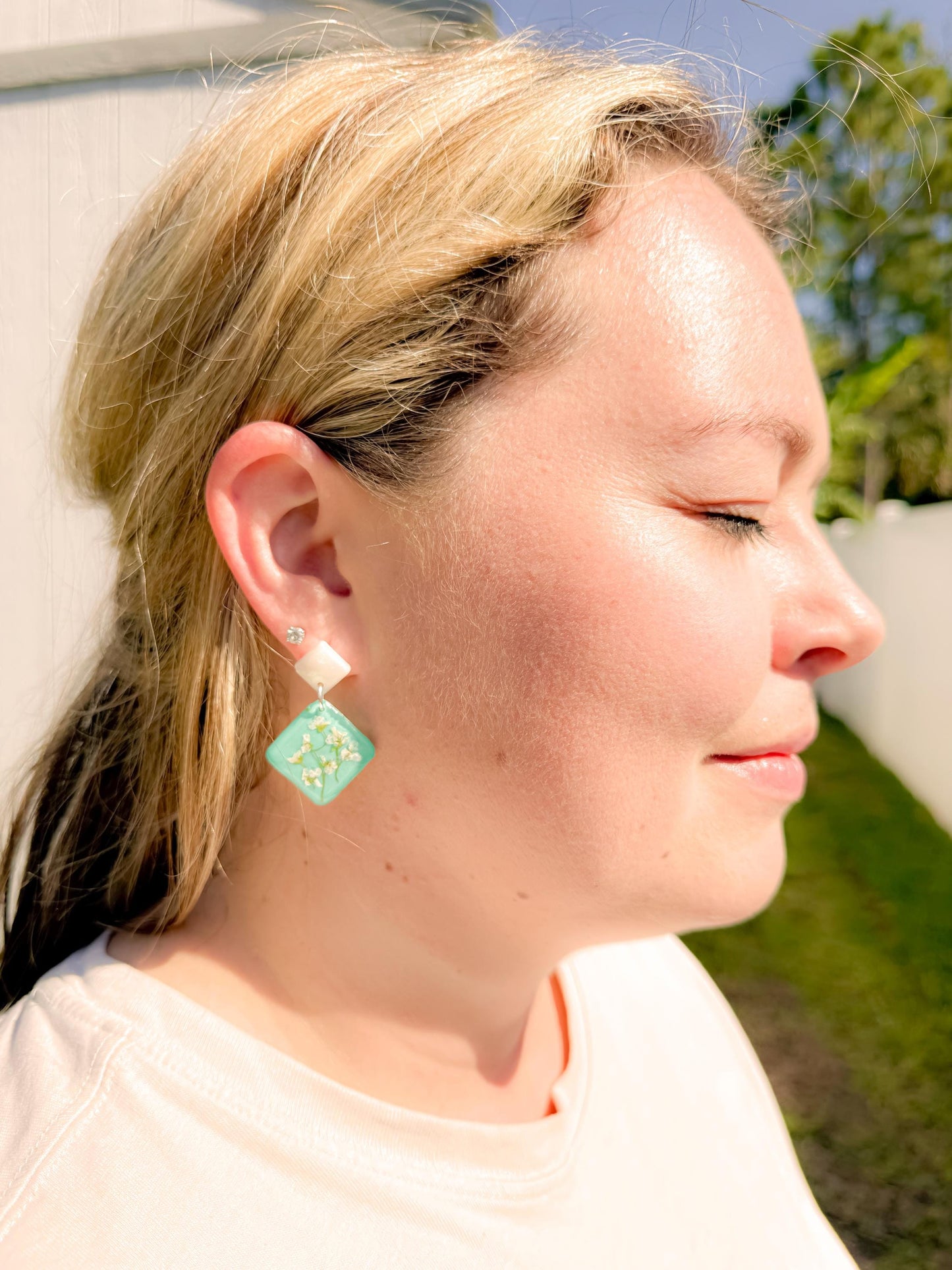 Teal Resin Earrings: Pressed Baby's Breath Diamond Dangle