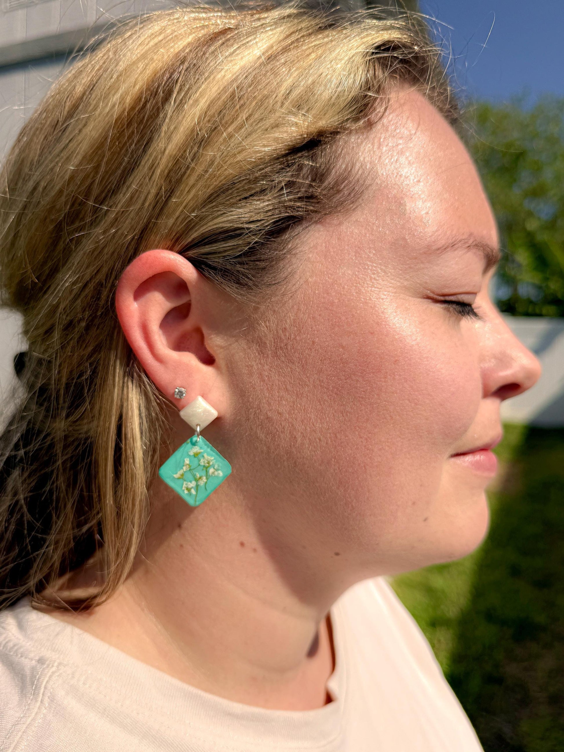 Teal Resin Earrings: Pressed Baby's Breath Diamond Dangle