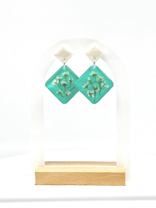 Teal Resin Earrings: Pressed Baby's Breath Diamond Dangle