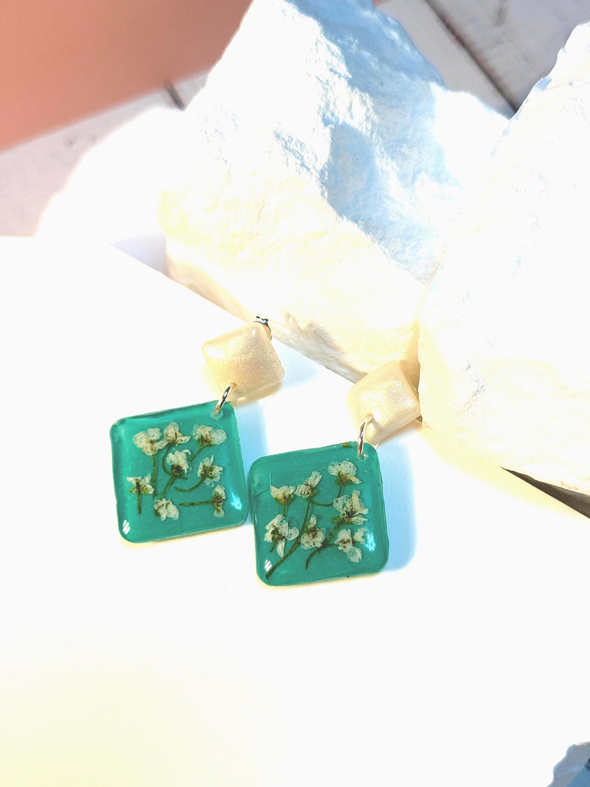 Teal Resin Earrings: Pressed Baby's Breath Diamond Dangle