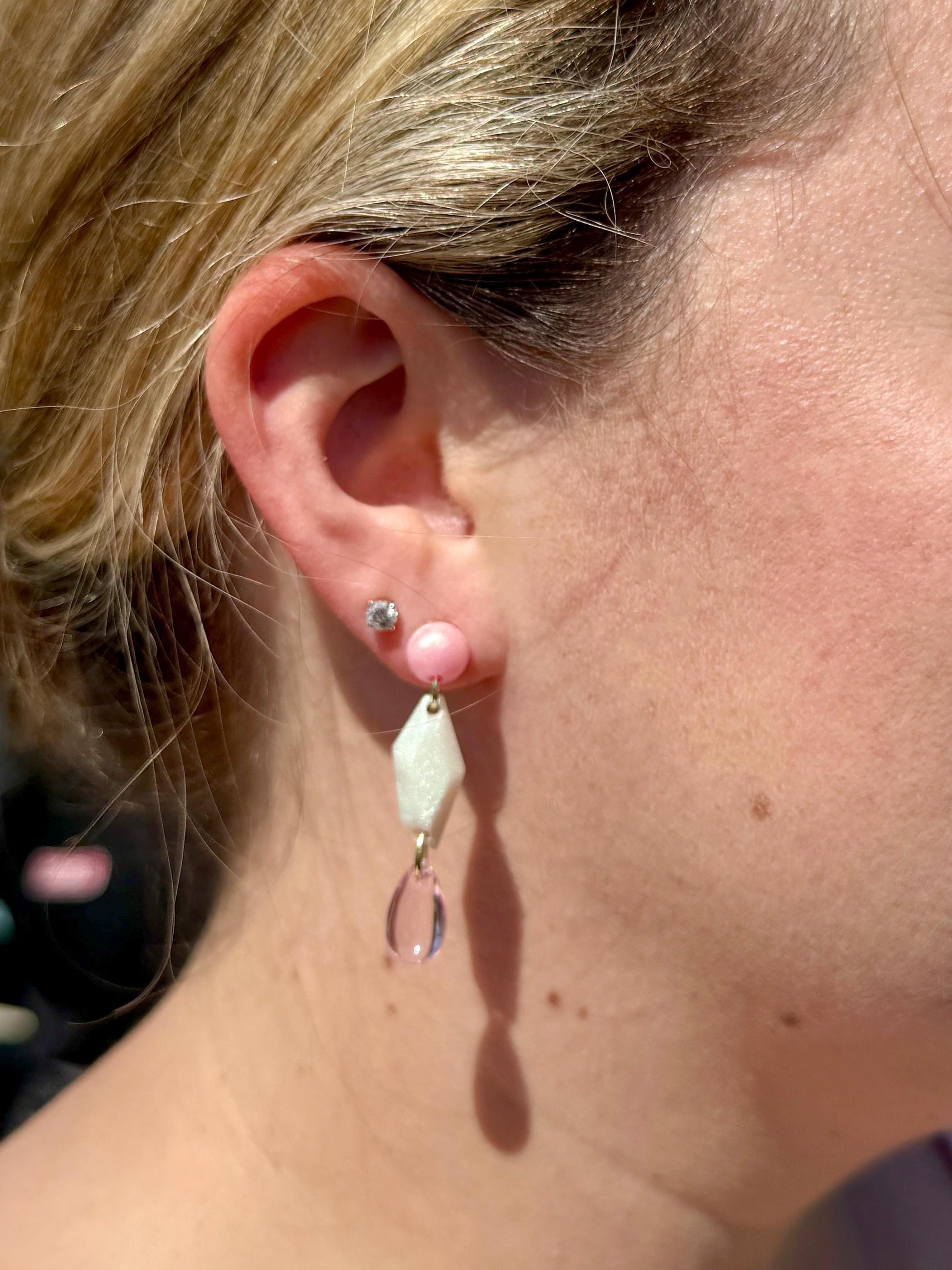 Pink Resin Dangle Earrings: Geometric Teardrop Statement Jewelry