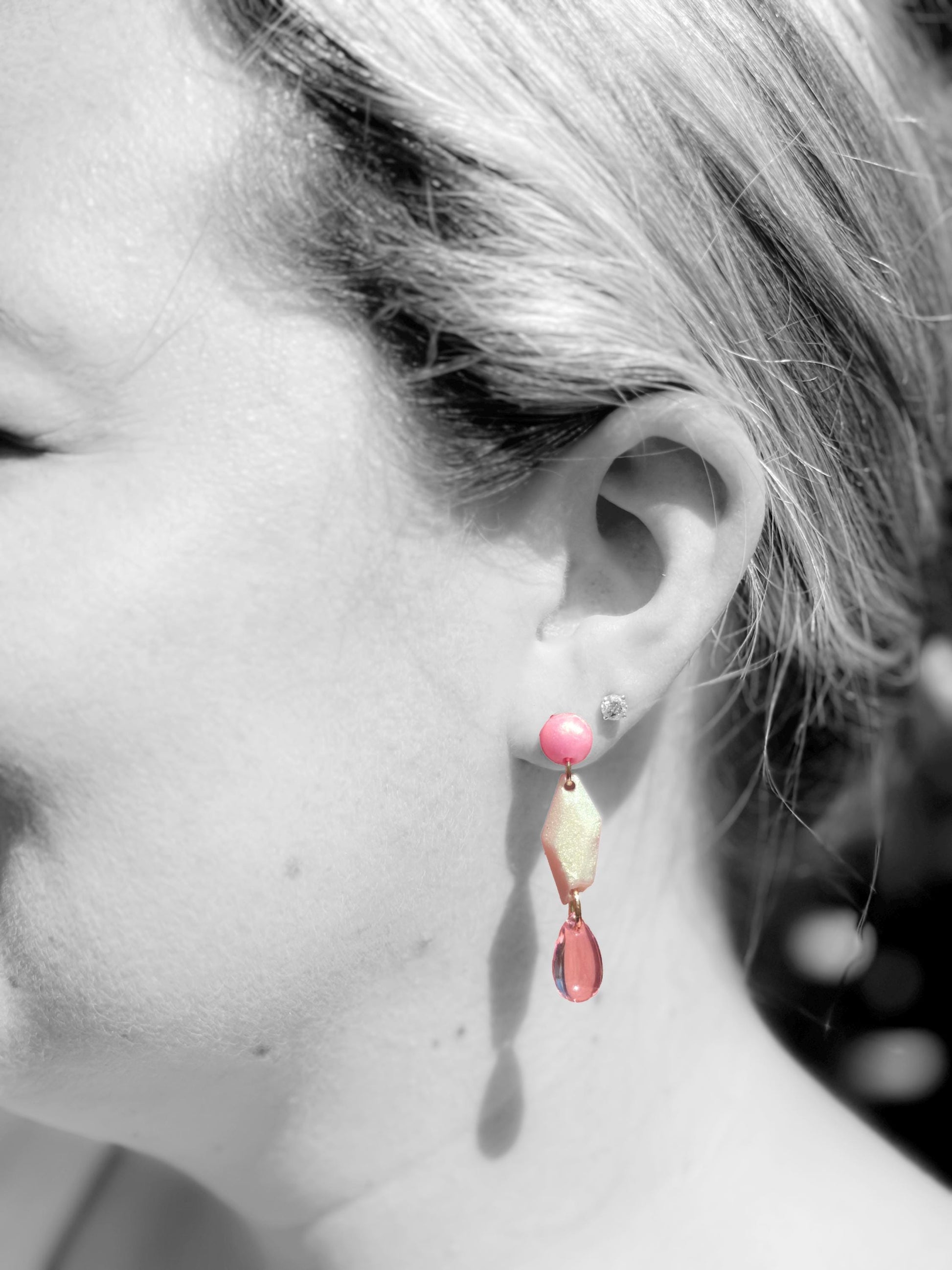 Pink Resin Dangle Earrings: Geometric Teardrop Statement Jewelry