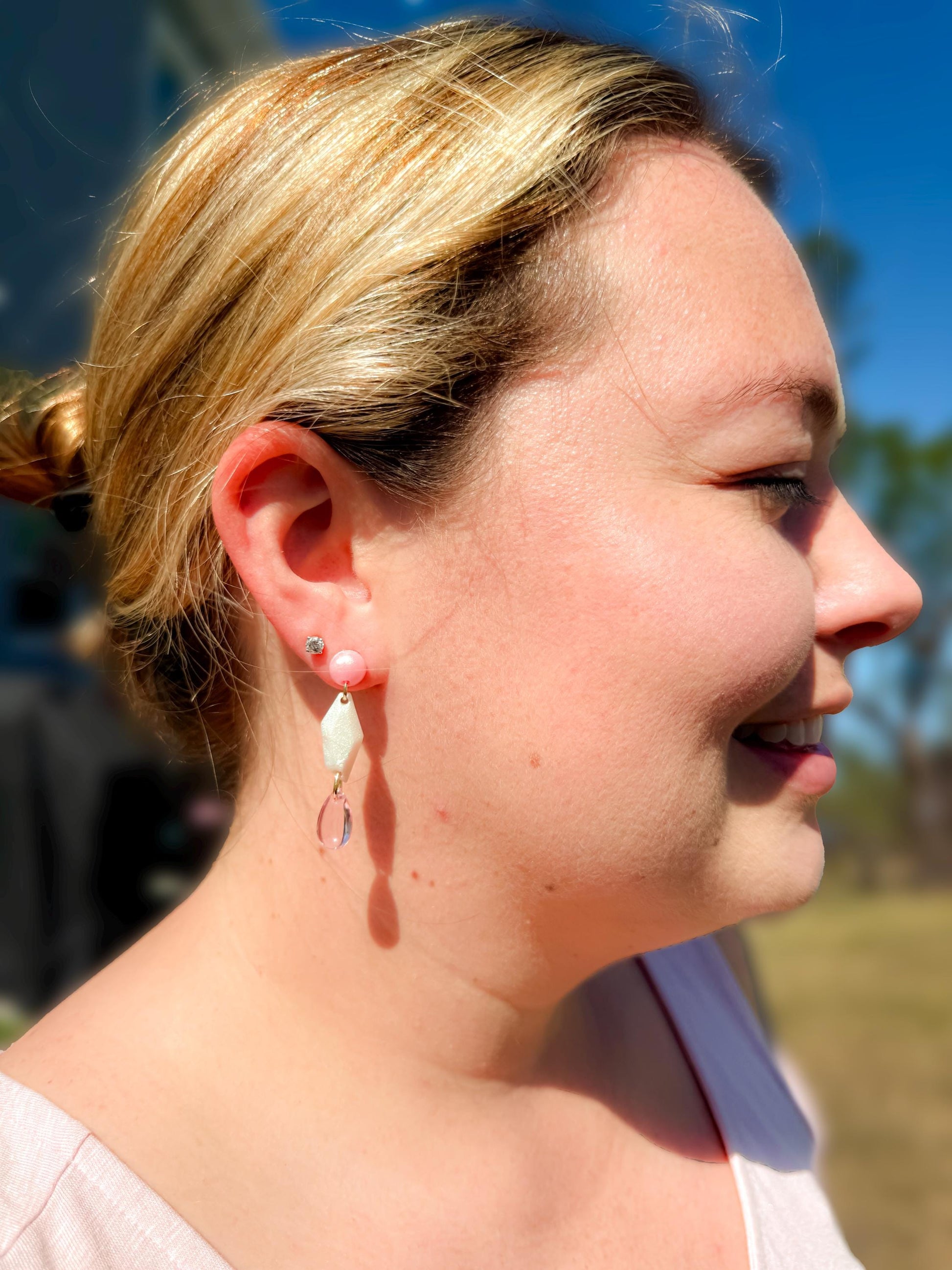 Pink Resin Dangle Earrings: Geometric Teardrop Statement Jewelry