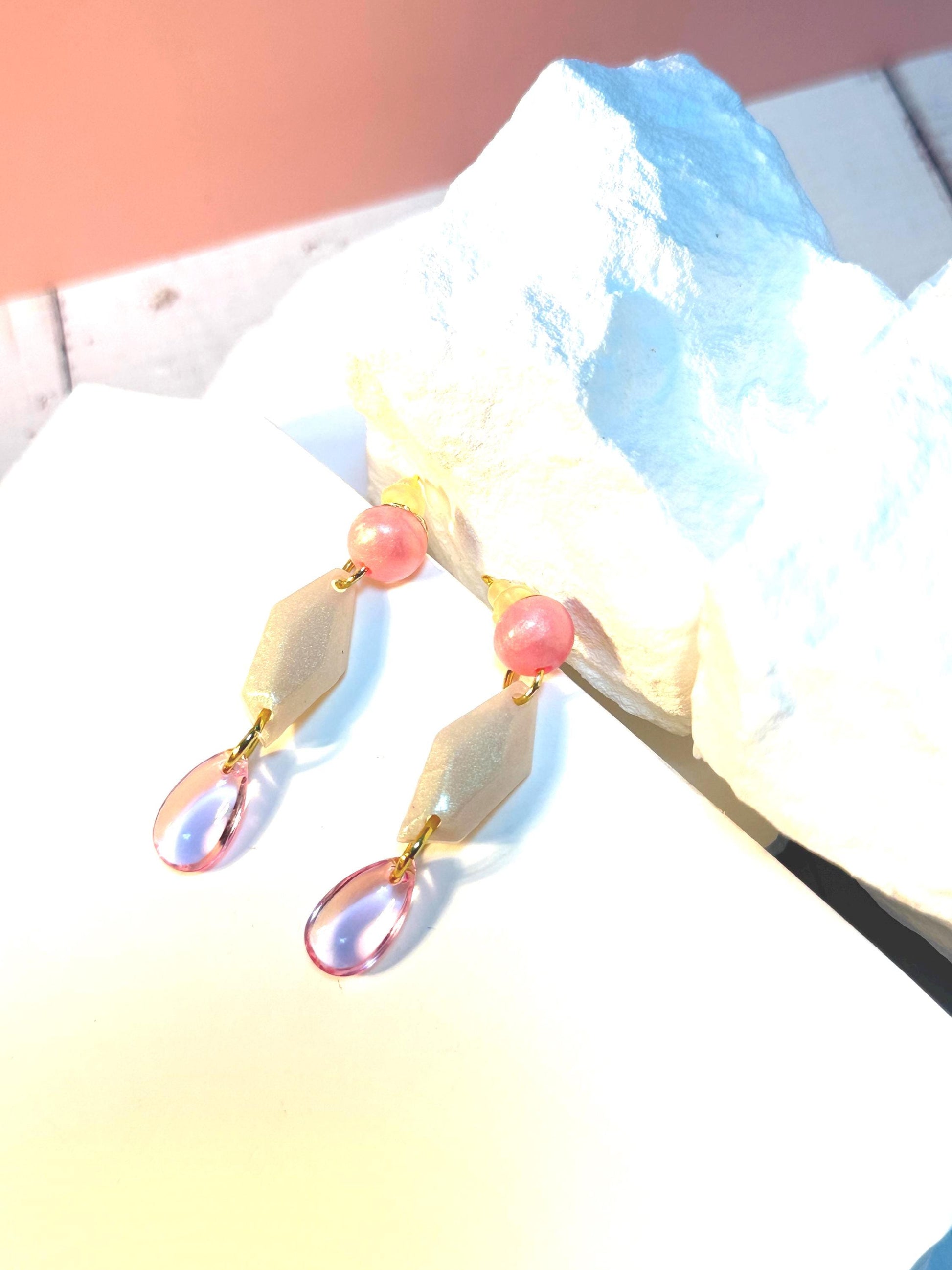 Pink Resin Dangle Earrings: Geometric Teardrop Statement Jewelry