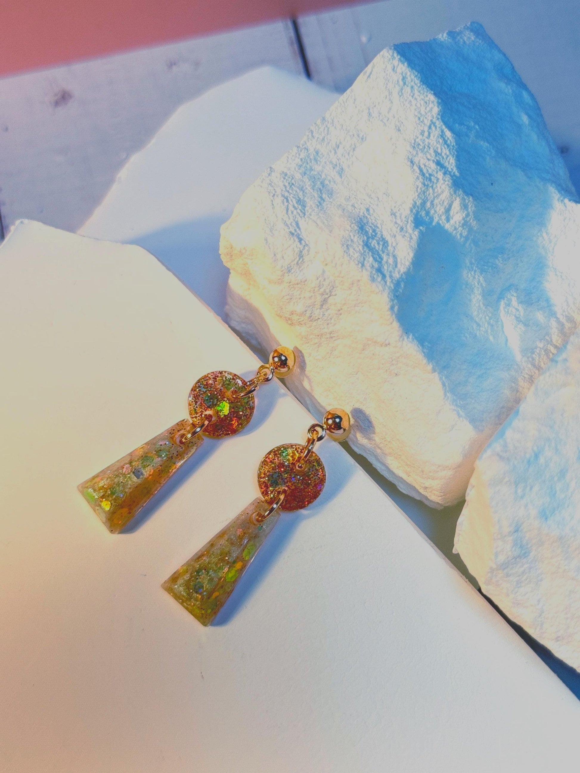 Handmade Glitter Resin Drop Earrings: Gold Geometric Dangles