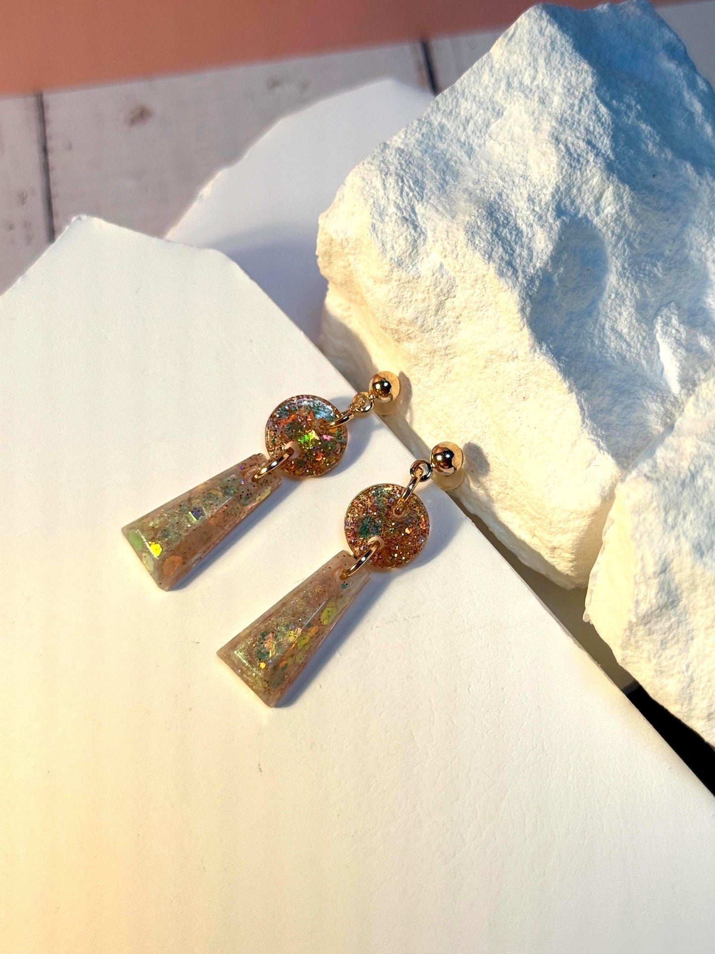 Handmade Glitter Resin Drop Earrings: Gold Geometric Dangles