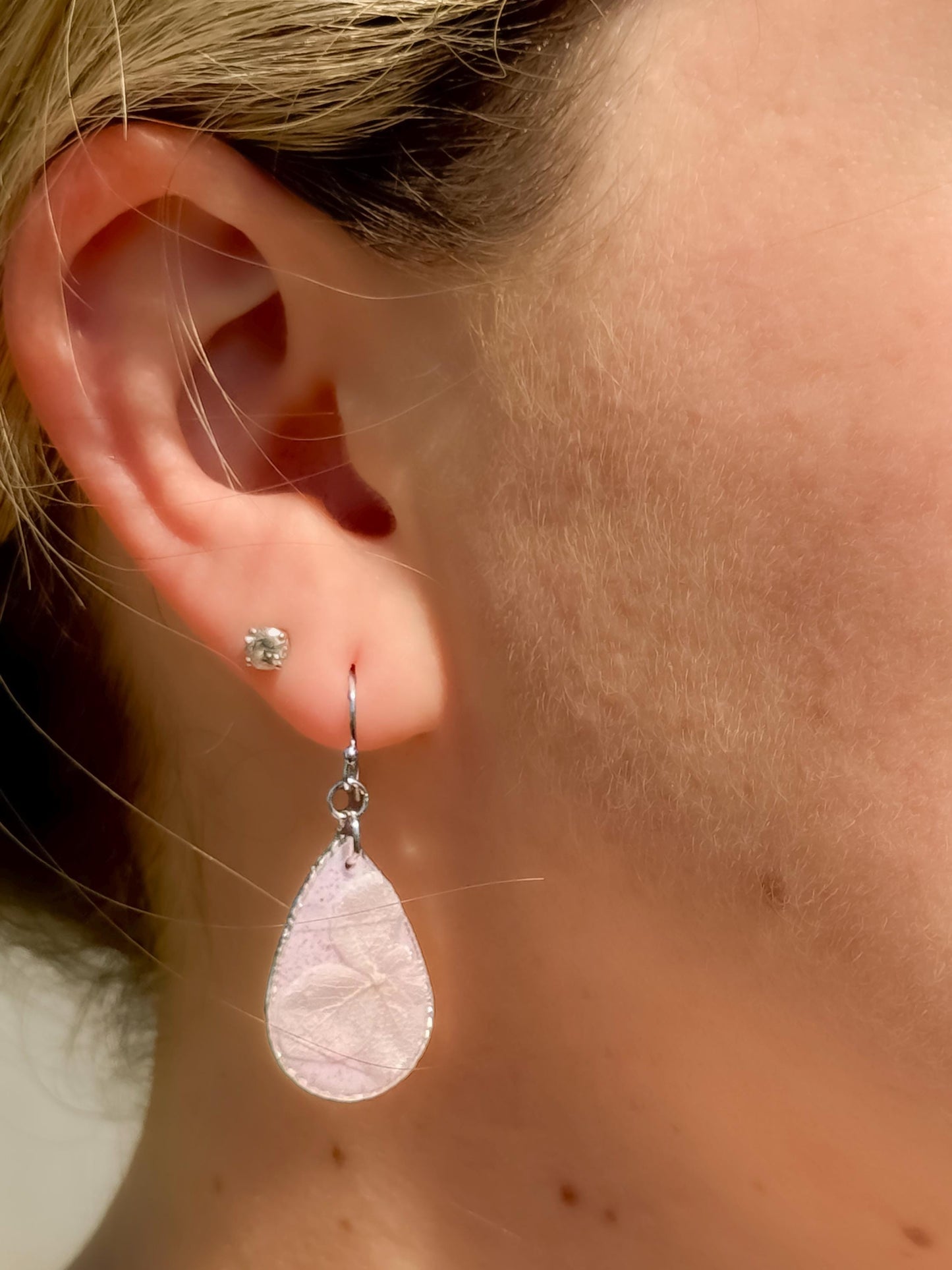 Pressed Flower Earrings: Pink Resin Teardrop Dangles, Botanical Glitter