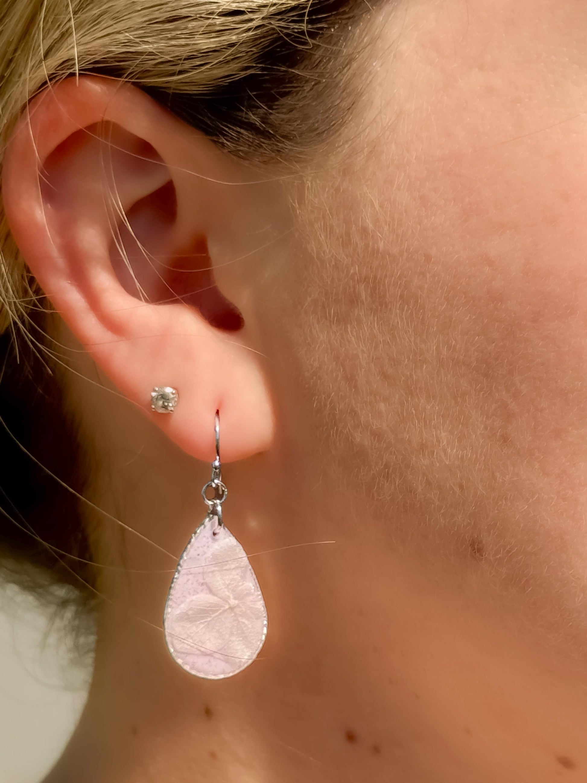 Pressed Flower Earrings: Pink Resin Teardrop Dangles, Botanical Glitter