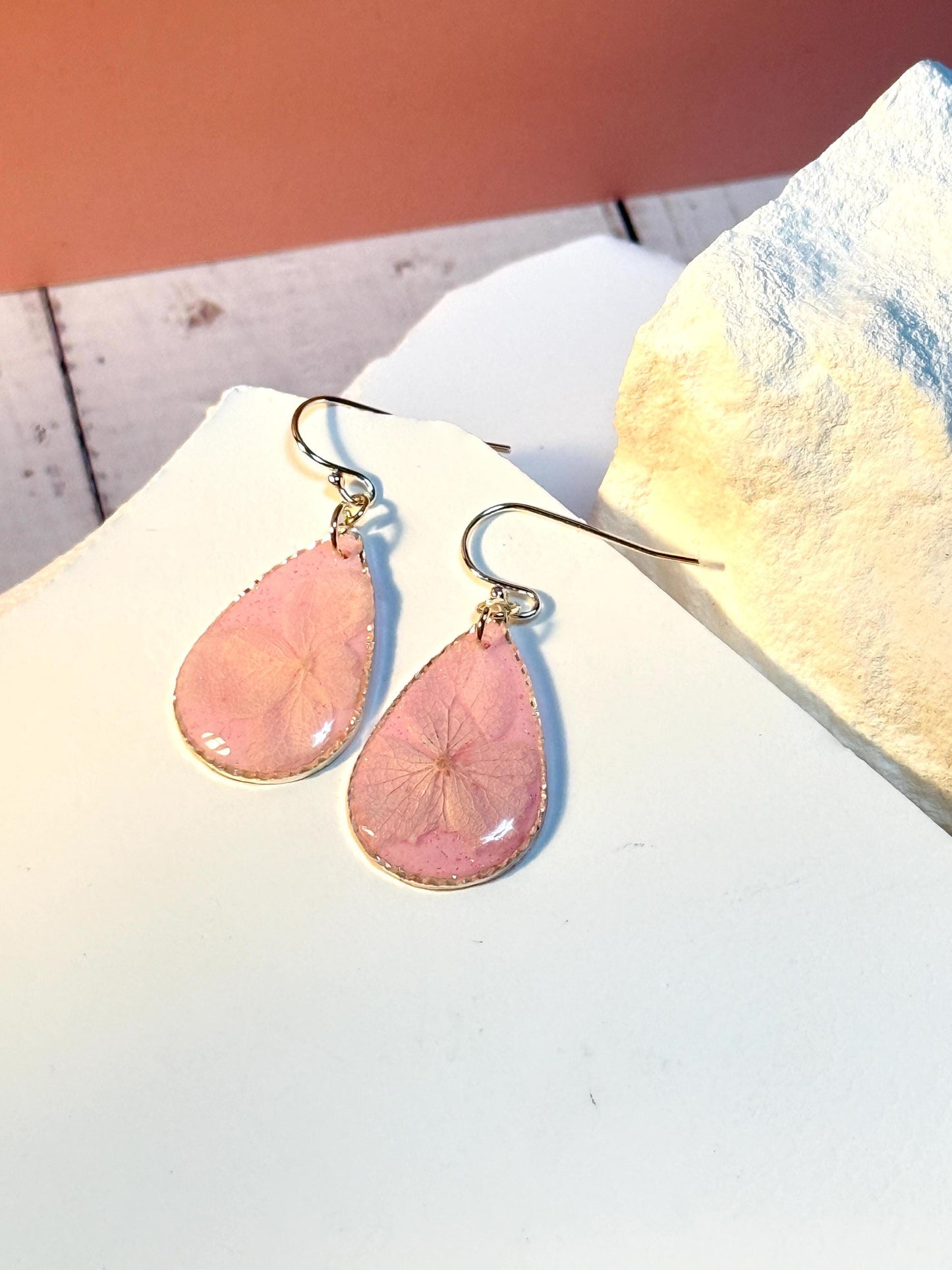 Pressed Flower Earrings: Pink Resin Teardrop Dangles, Botanical Glitter