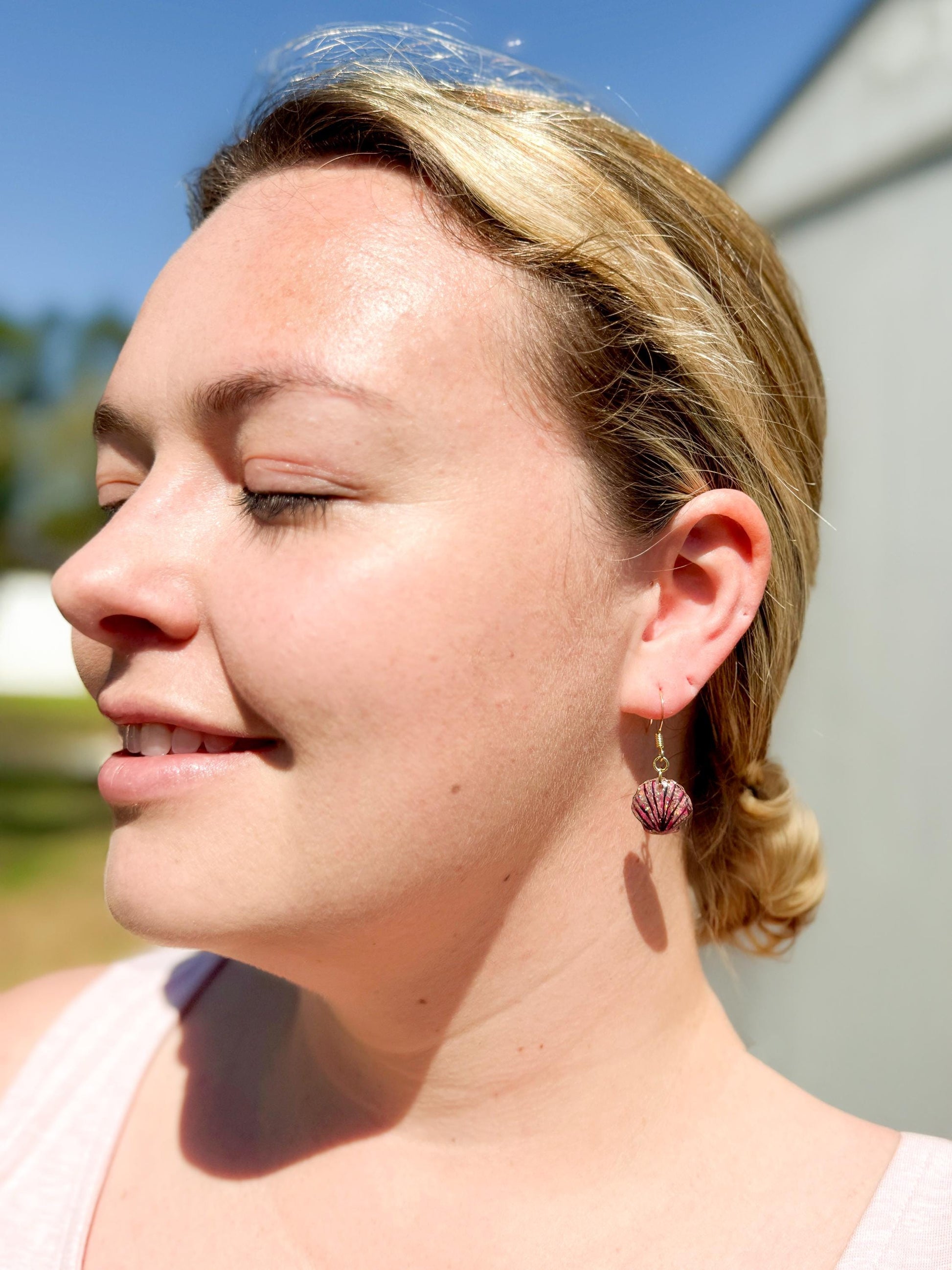 Glitter Resin Seashell Earrings: Hand-Painted Black Detail, Beach Jewelry