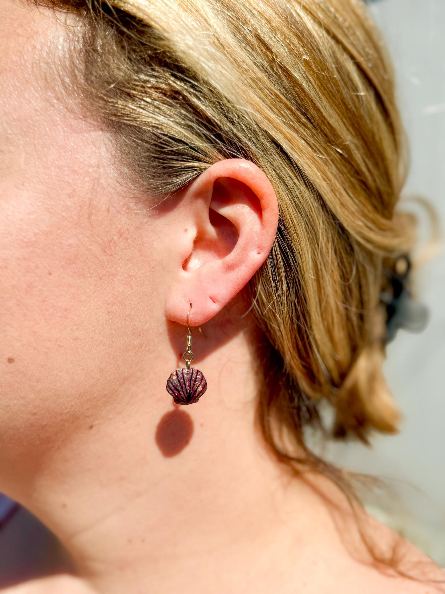 Glitter Resin Seashell Earrings: Hand-Painted Black Detail, Beach Jewelry