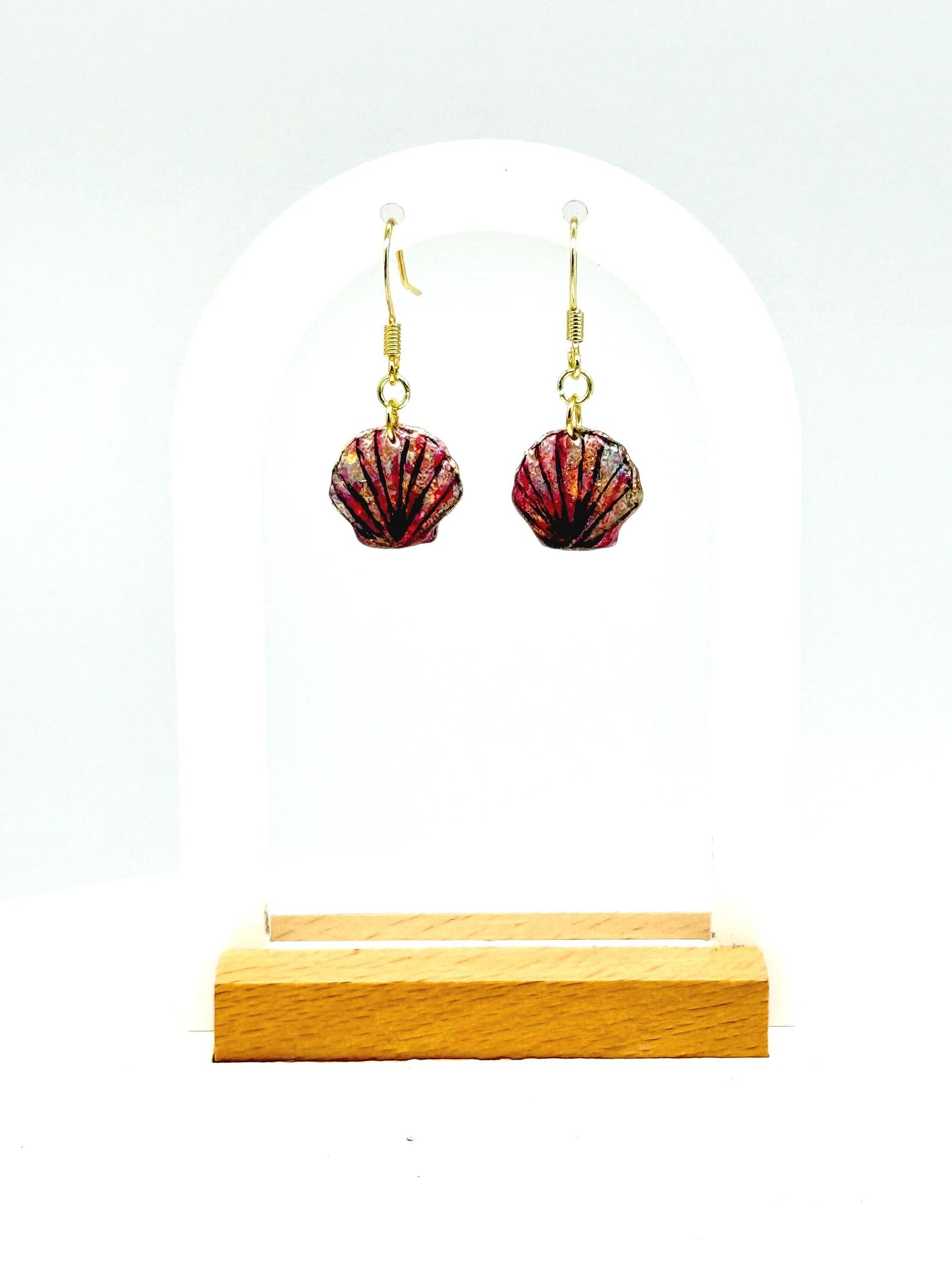 Glitter Resin Seashell Earrings: Hand-Painted Black Detail, Beach Jewelry