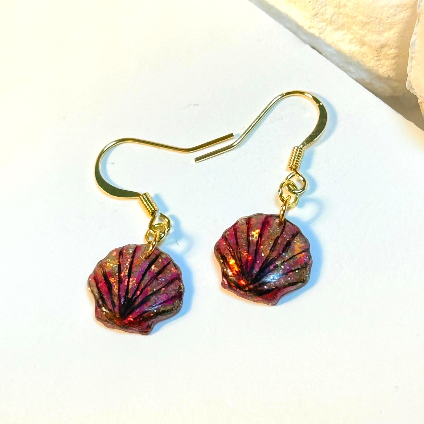 Glitter Resin Seashell Earrings: Hand-Painted Black Detail, Beach Jewelry