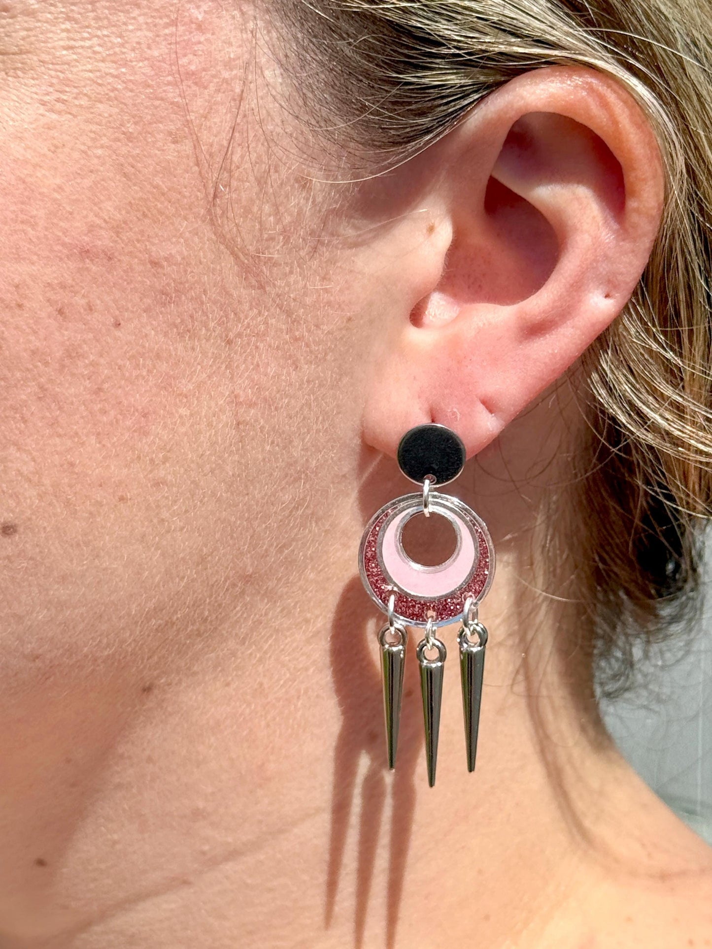 Pink Glitter Resin Spike Earrings: Silver Punk Dangle Earrings