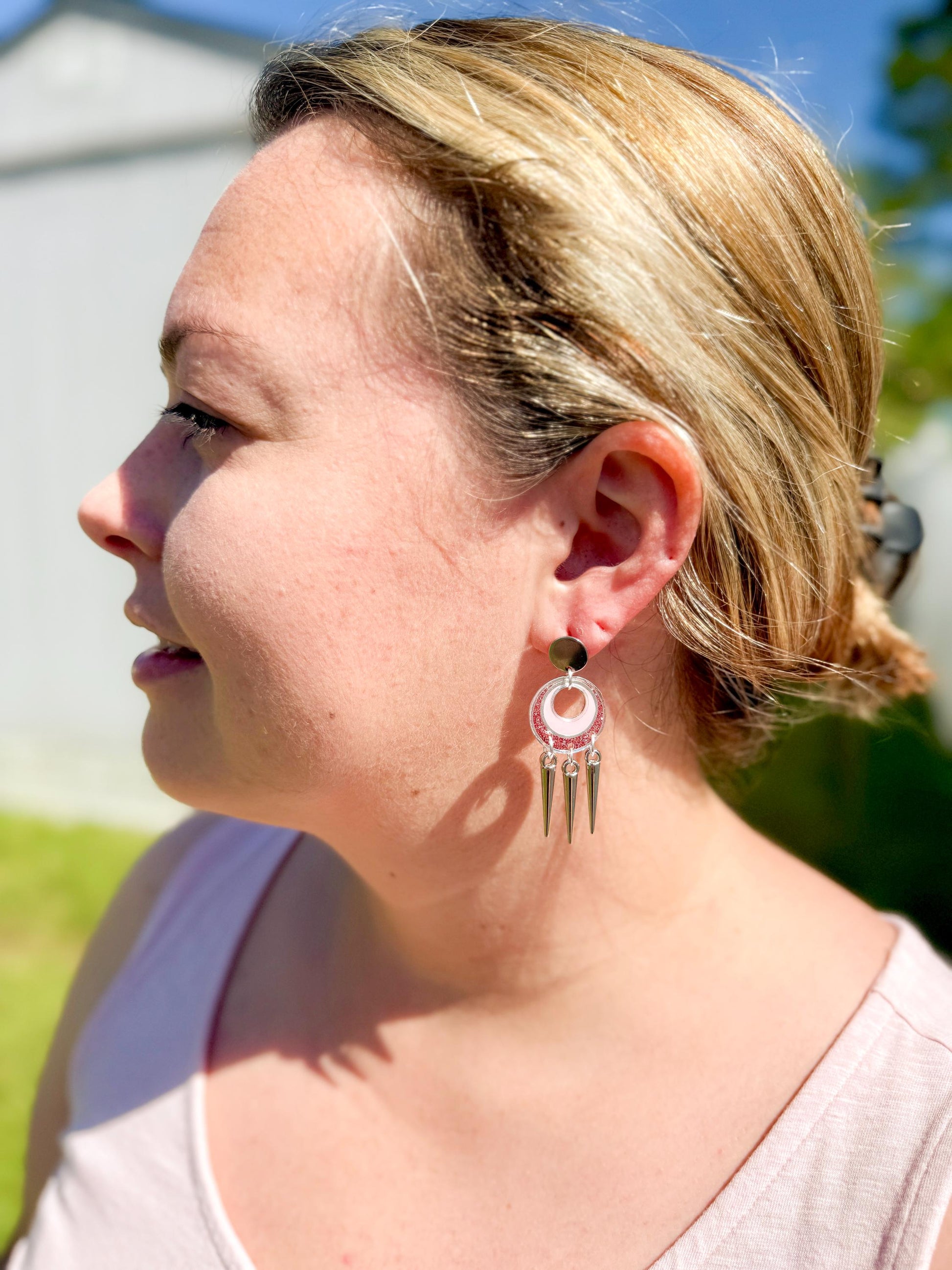 Pink Glitter Resin Spike Earrings: Silver Punk Dangle Earrings