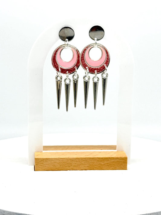Pink Glitter Resin Spike Earrings: Silver Punk Dangle Earrings