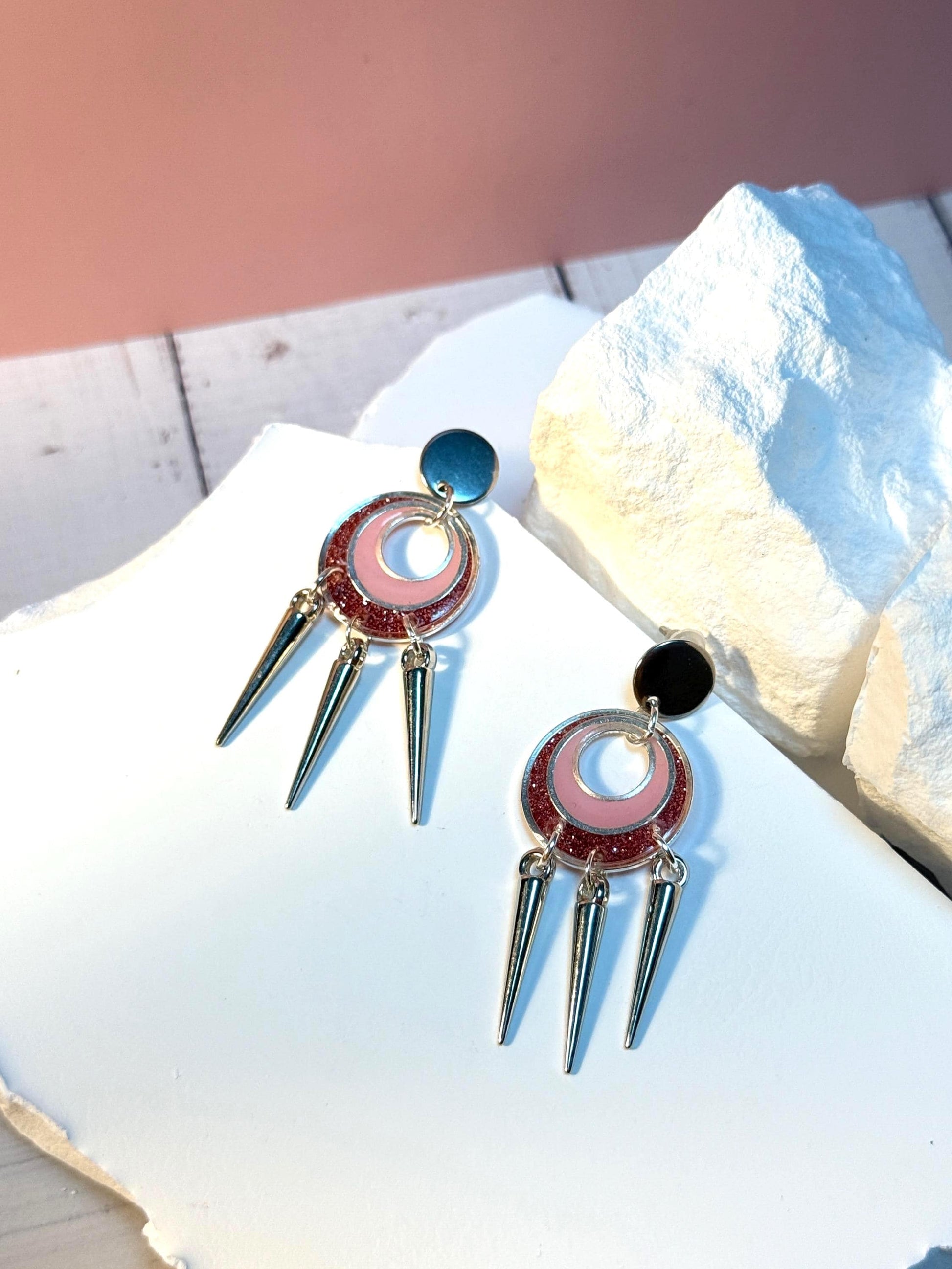Pink Glitter Resin Spike Earrings: Silver Punk Dangle Earrings