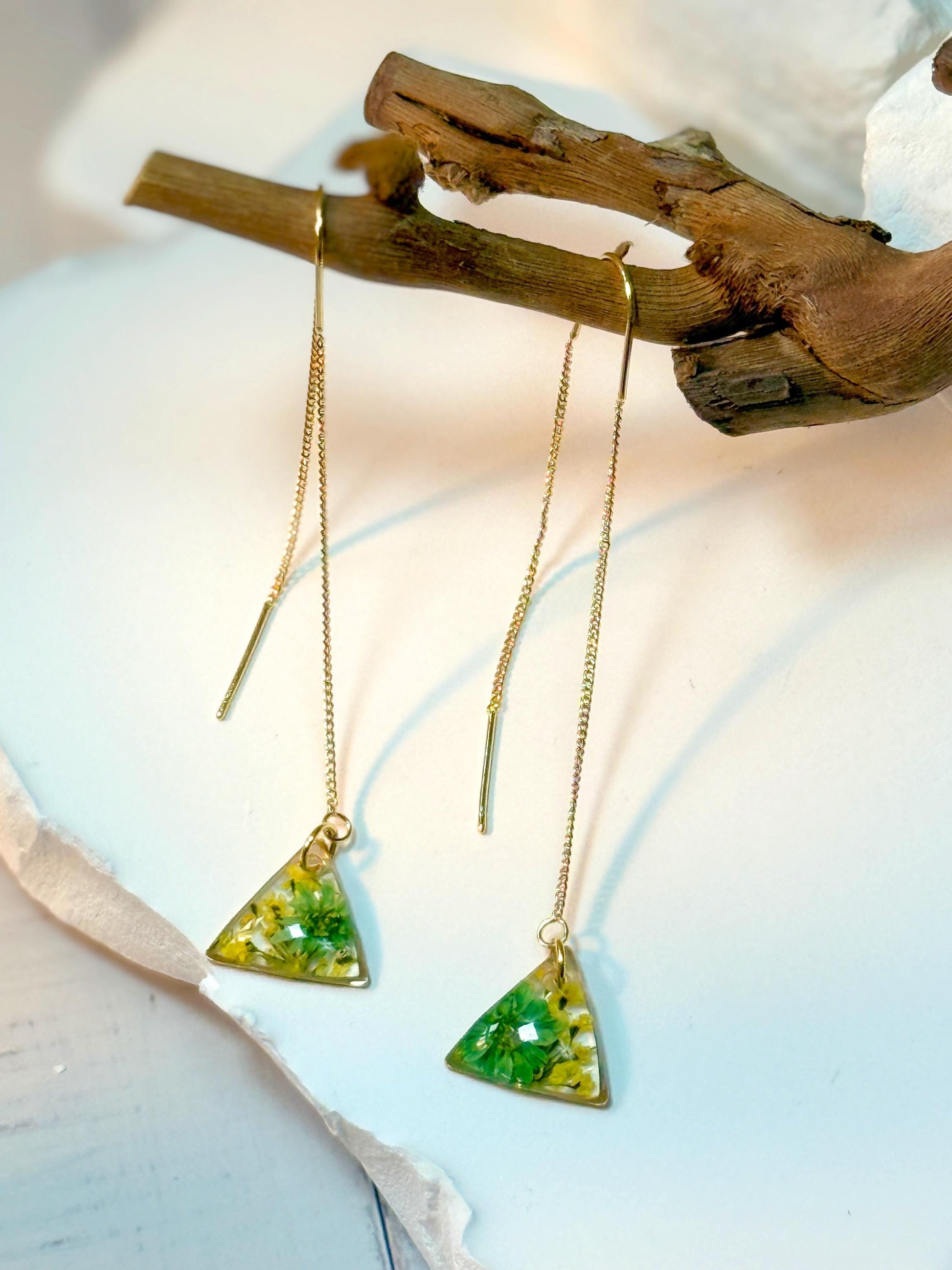 Handcrafted Resin Triangle Earrings – Green Floral Accents with Gold Threader