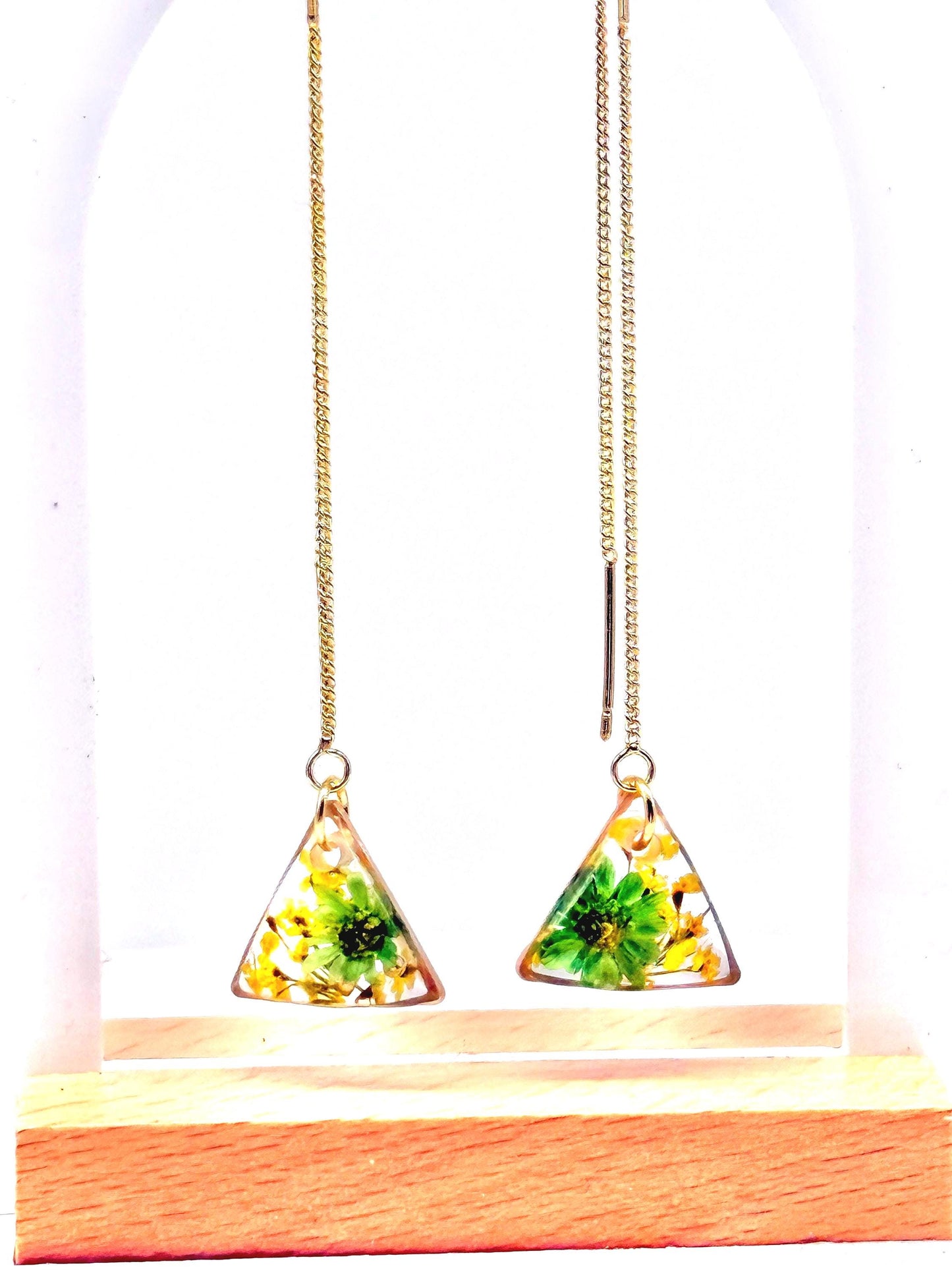 Handcrafted Resin Triangle Earrings – Green Floral Accents with Gold Threader