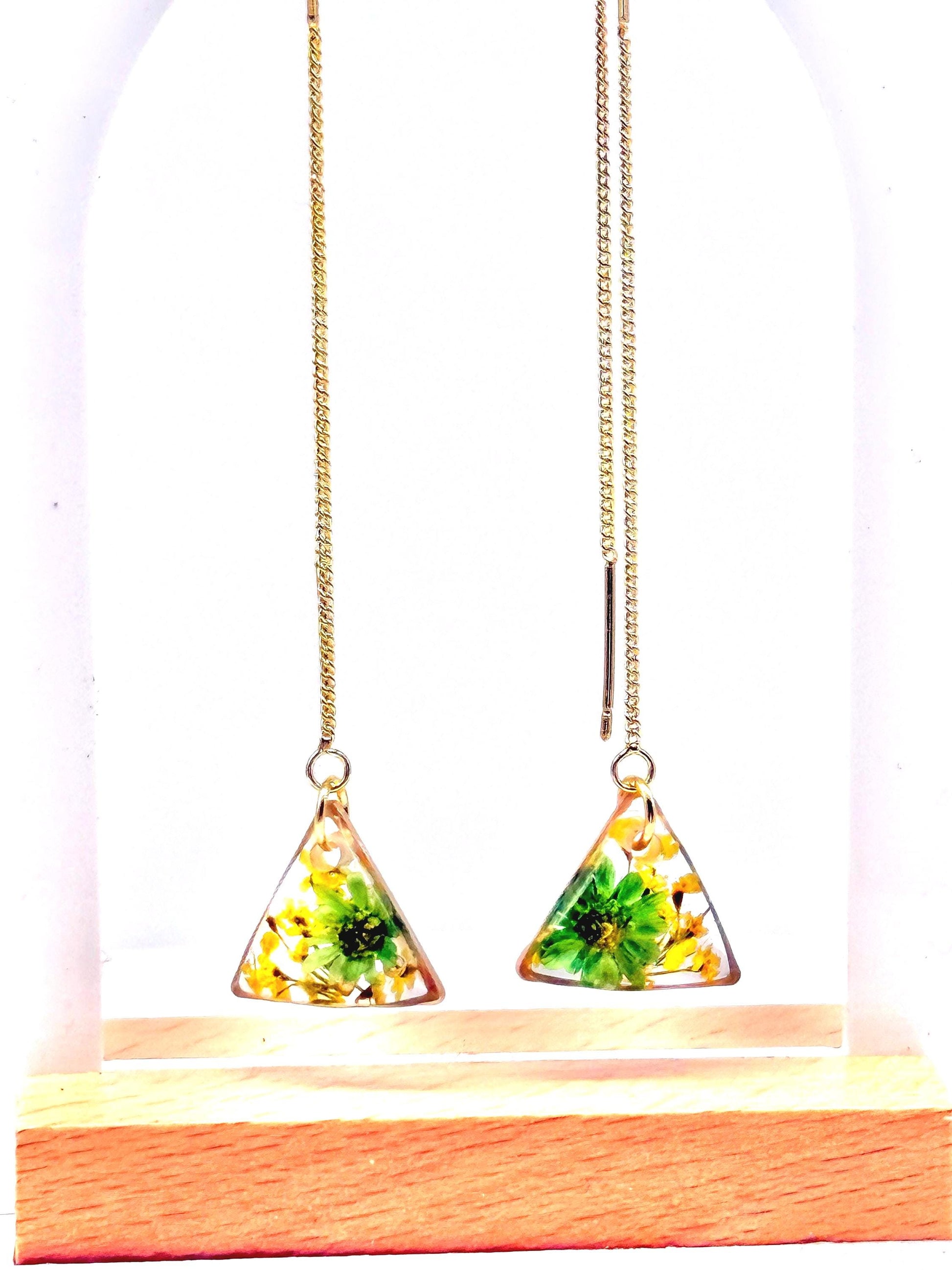 Handcrafted Resin Triangle Earrings – Green Floral Accents with Gold Threader