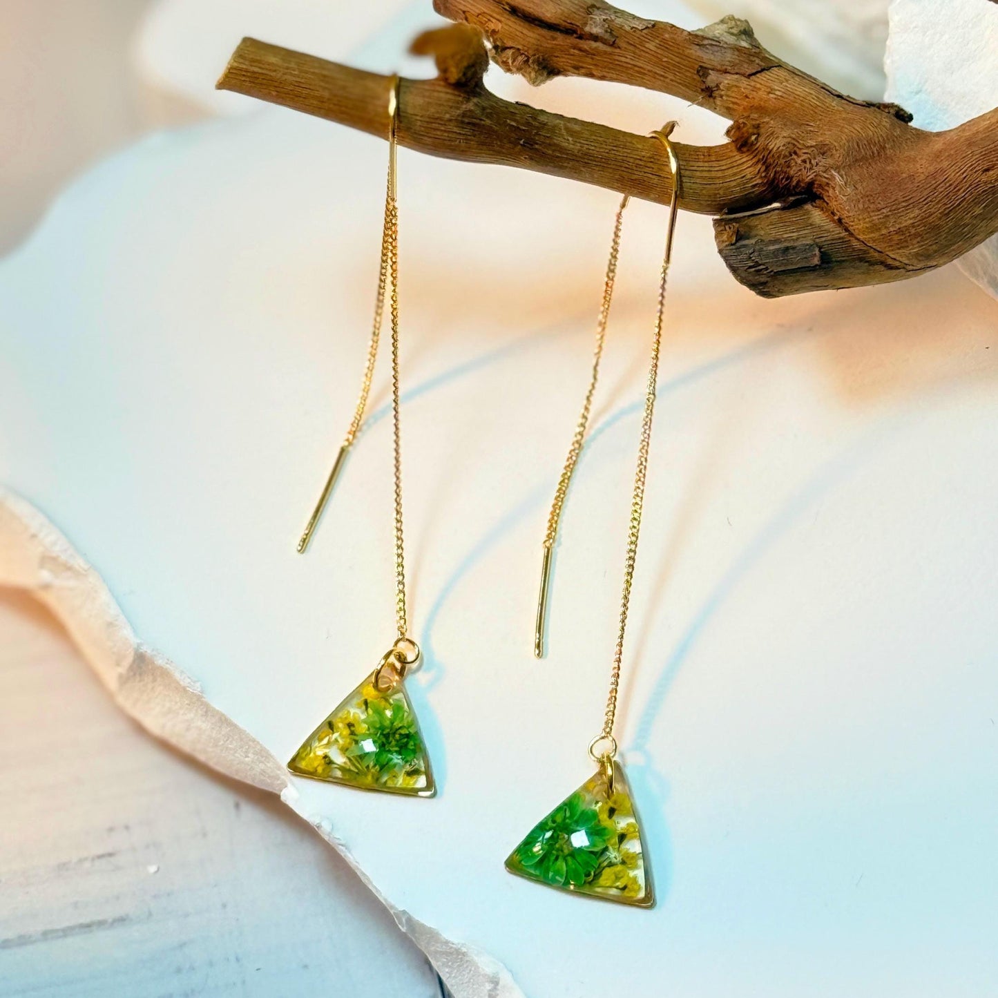 Handcrafted Resin Triangle Earrings – Green Floral Accents with Gold Threader