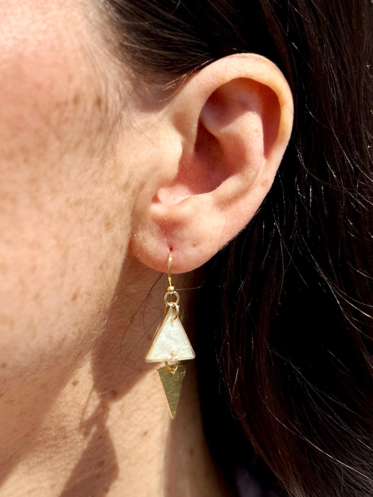 Geometric Dangle Earrings: Pearlescent Resin & Gold Triangle Earrings