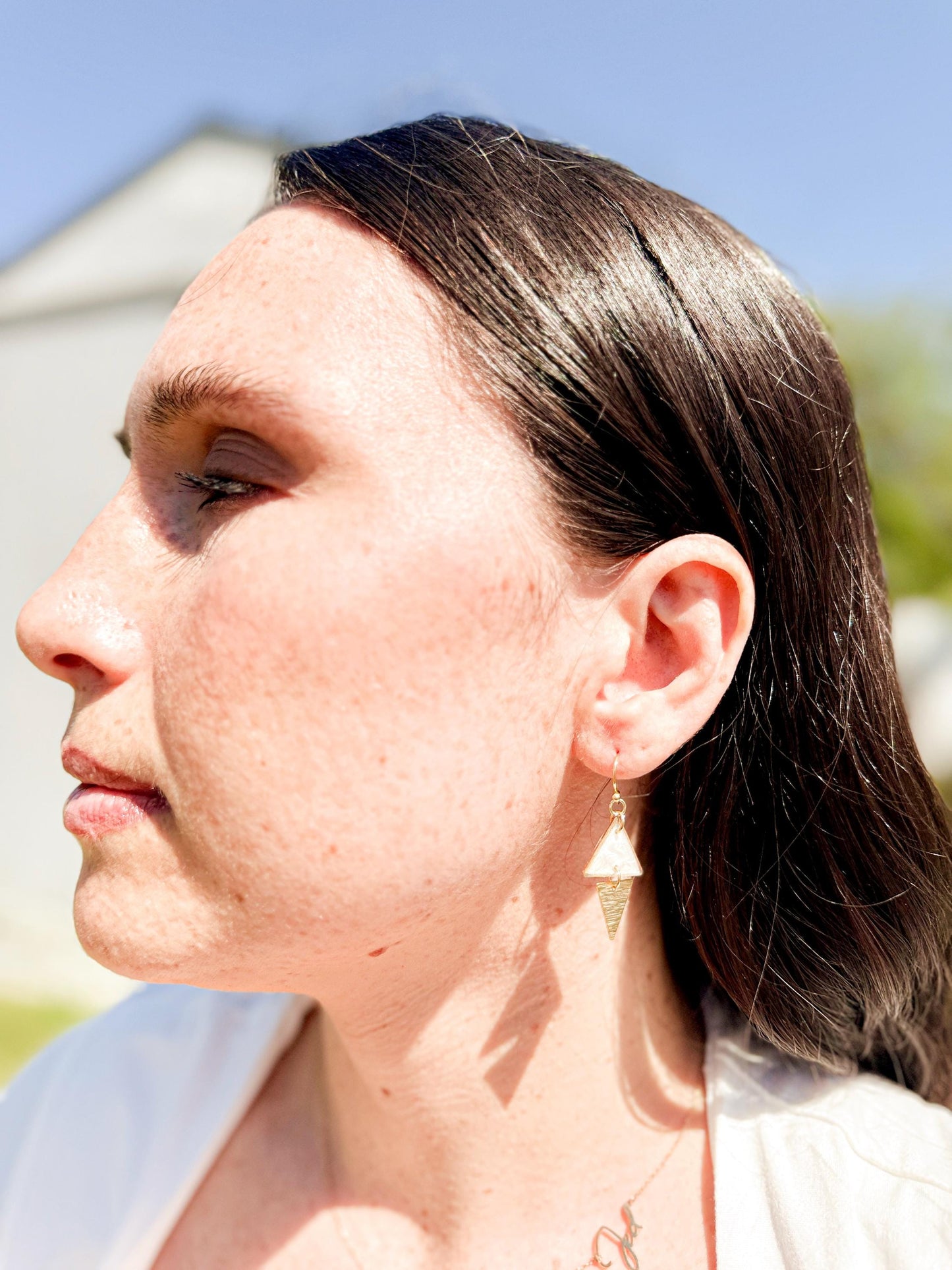 Geometric Dangle Earrings: Pearlescent Resin & Gold Triangle Earrings
