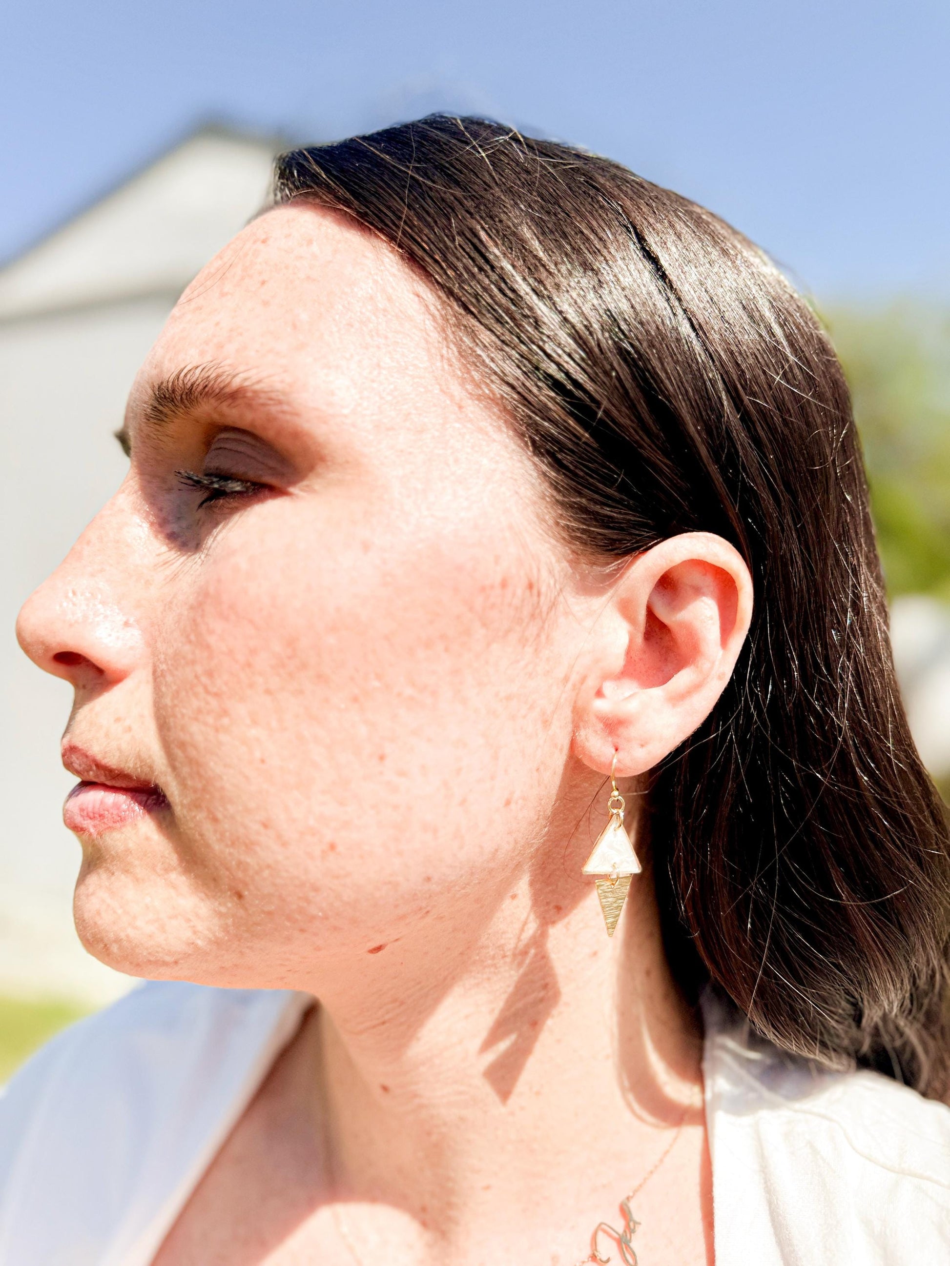 Geometric Dangle Earrings: Pearlescent Resin & Gold Triangle Earrings