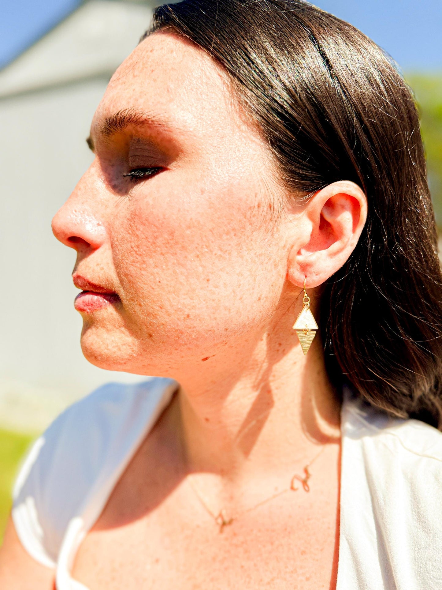 Geometric Dangle Earrings: Pearlescent Resin & Gold Triangle Earrings