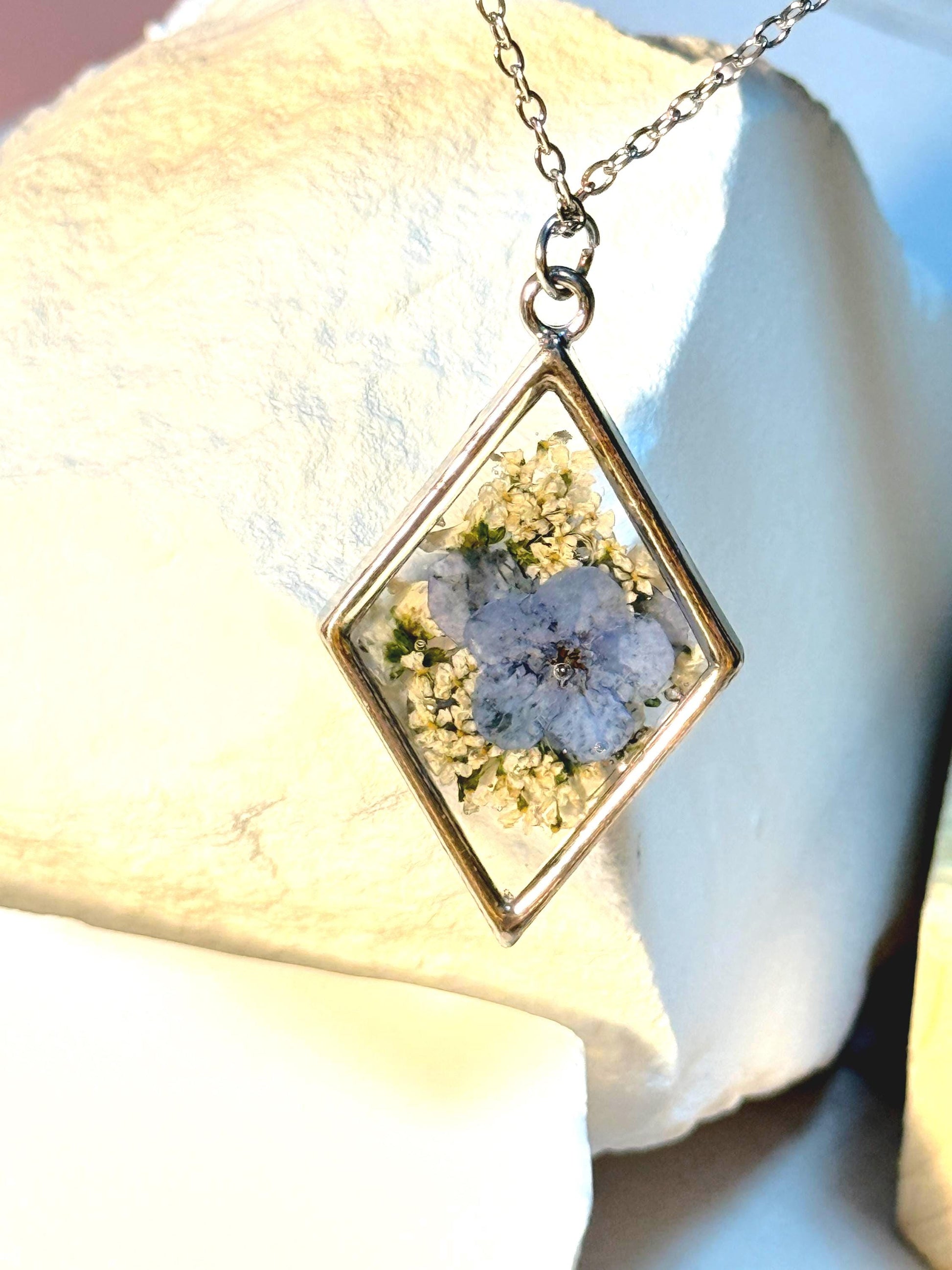 Forget Me Not Necklace: Real Pressed Flower Resin Pendant, Botanical Gift