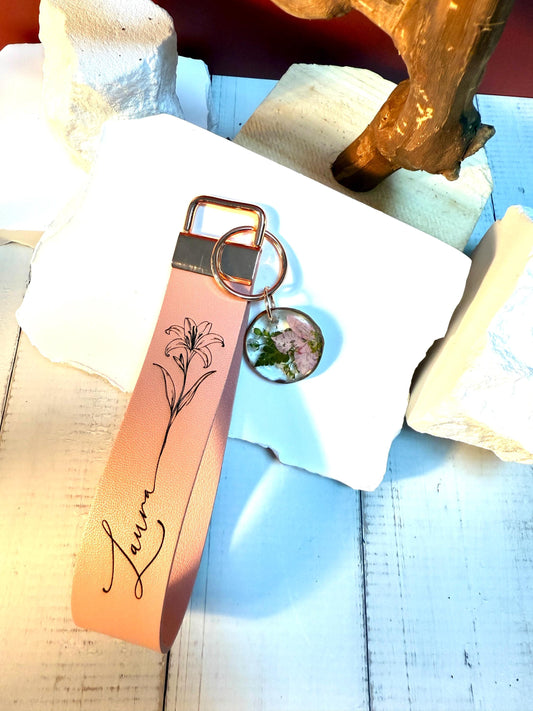 Personalized Birth-Flower Wristlet, Faux Leather Keychain, Birthdate Engraved Strap | Custom Resin Flower Charm Gift