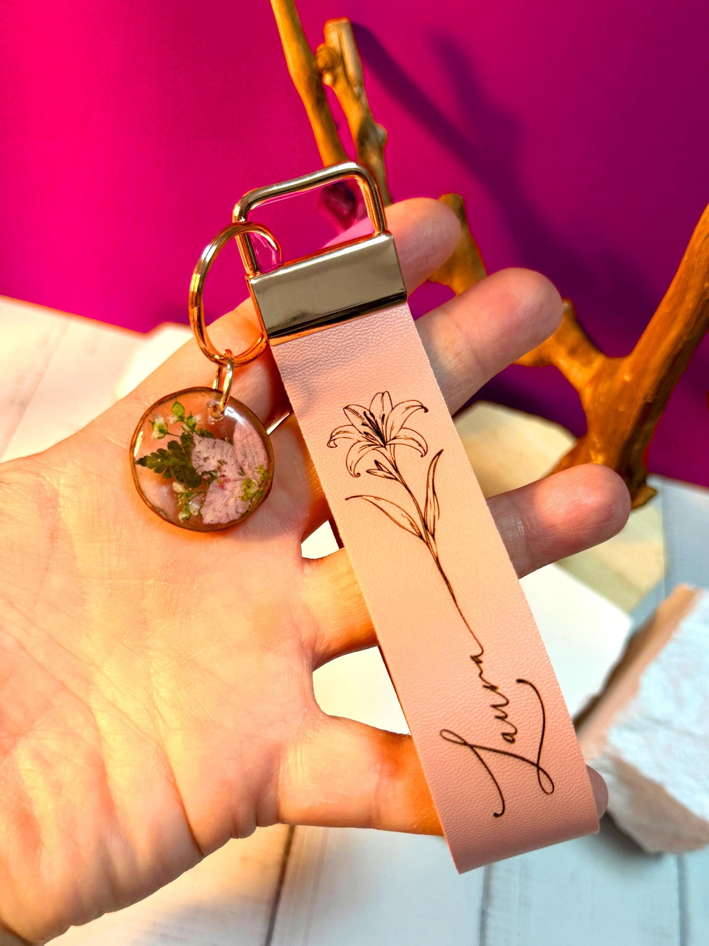 Personalized Birth-Flower Wristlet, Faux Leather Keychain, Birthdate Engraved Strap | Custom Resin Flower Charm Gift