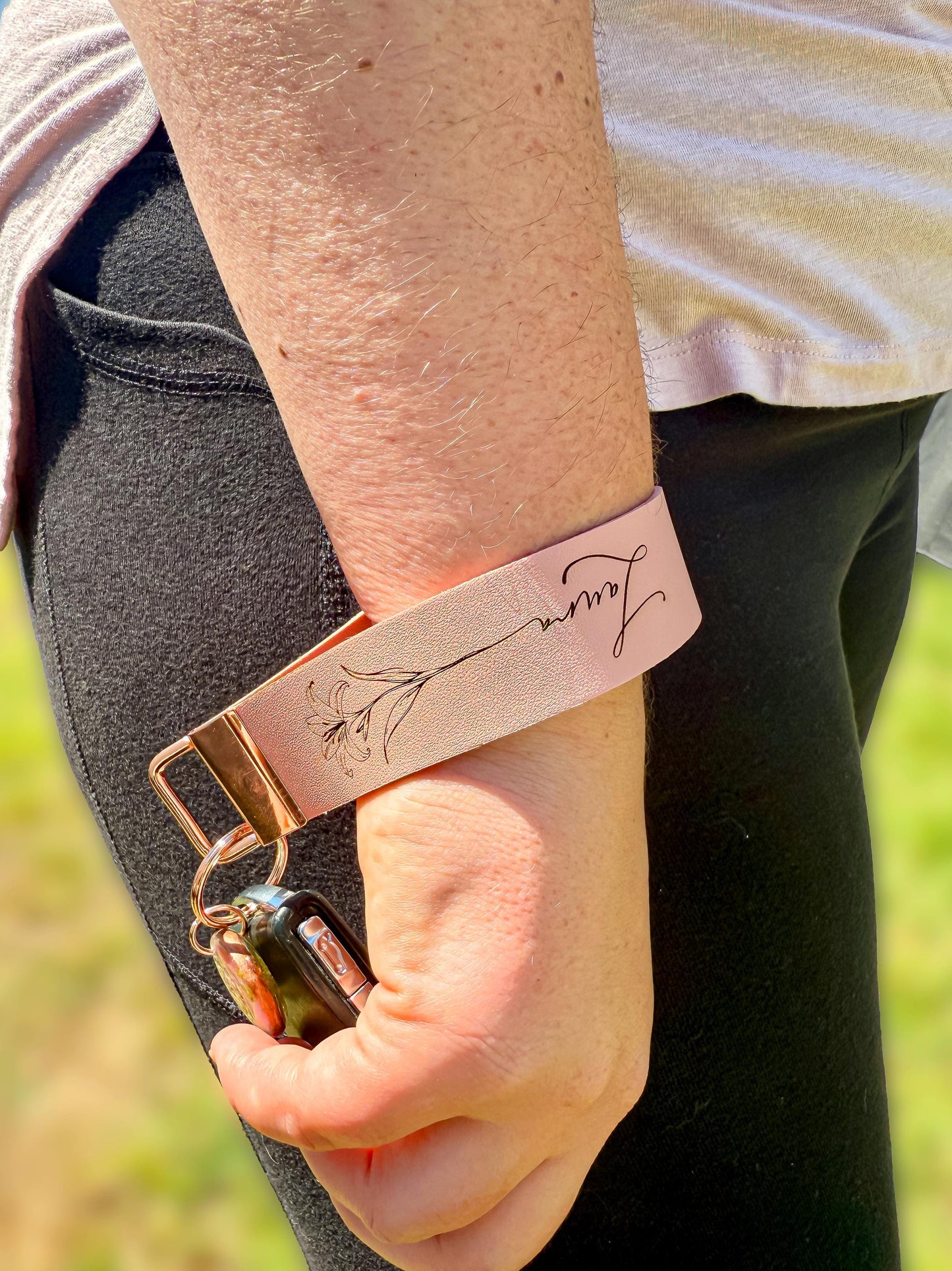 Personalized Birth-Flower Wristlet, Faux Leather Keychain, Birthdate Engraved Strap | Custom Resin Flower Charm Gift