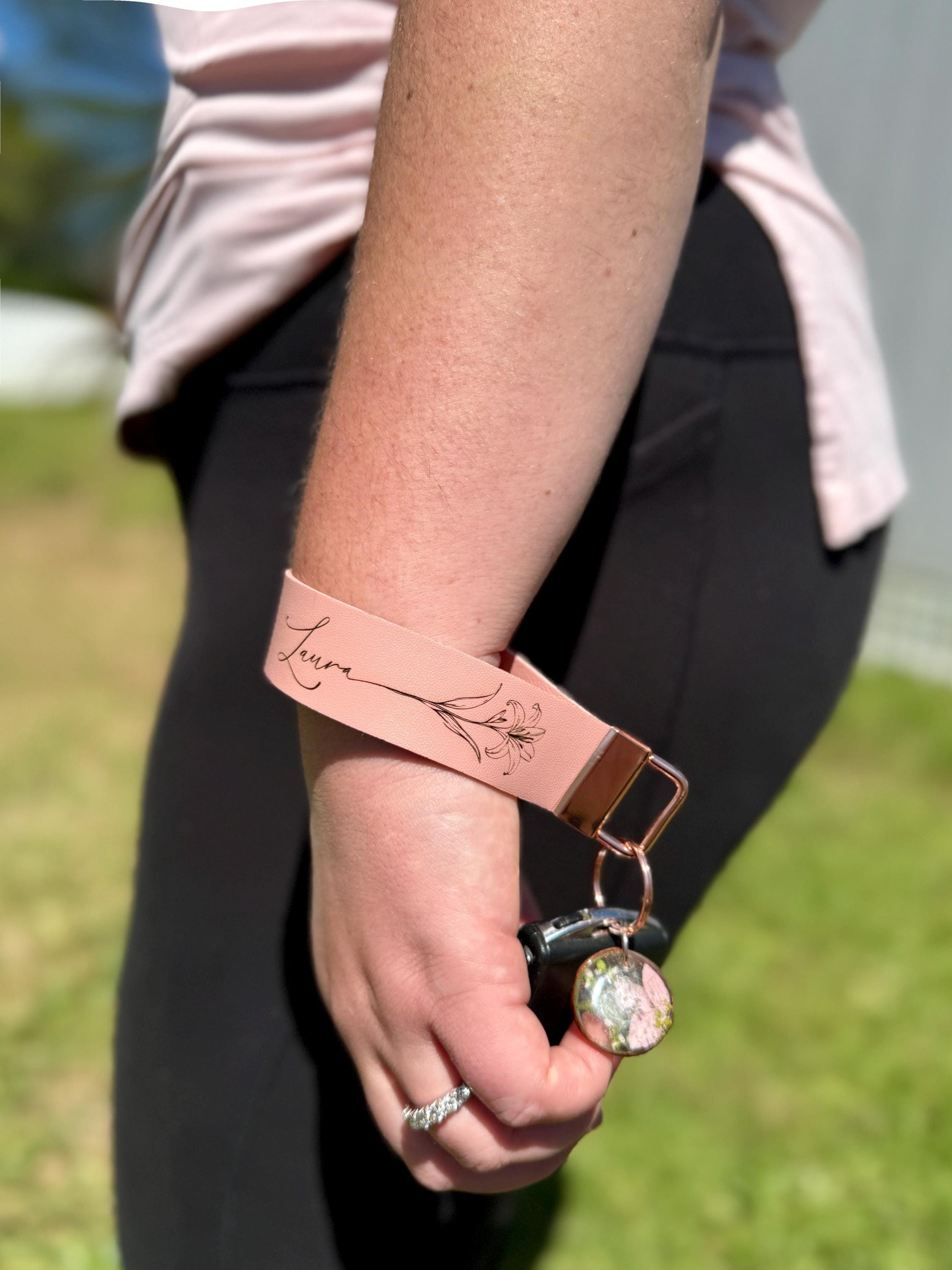 Personalized Birth-Flower Wristlet, Faux Leather Keychain, Birthdate Engraved Strap | Custom Resin Flower Charm Gift