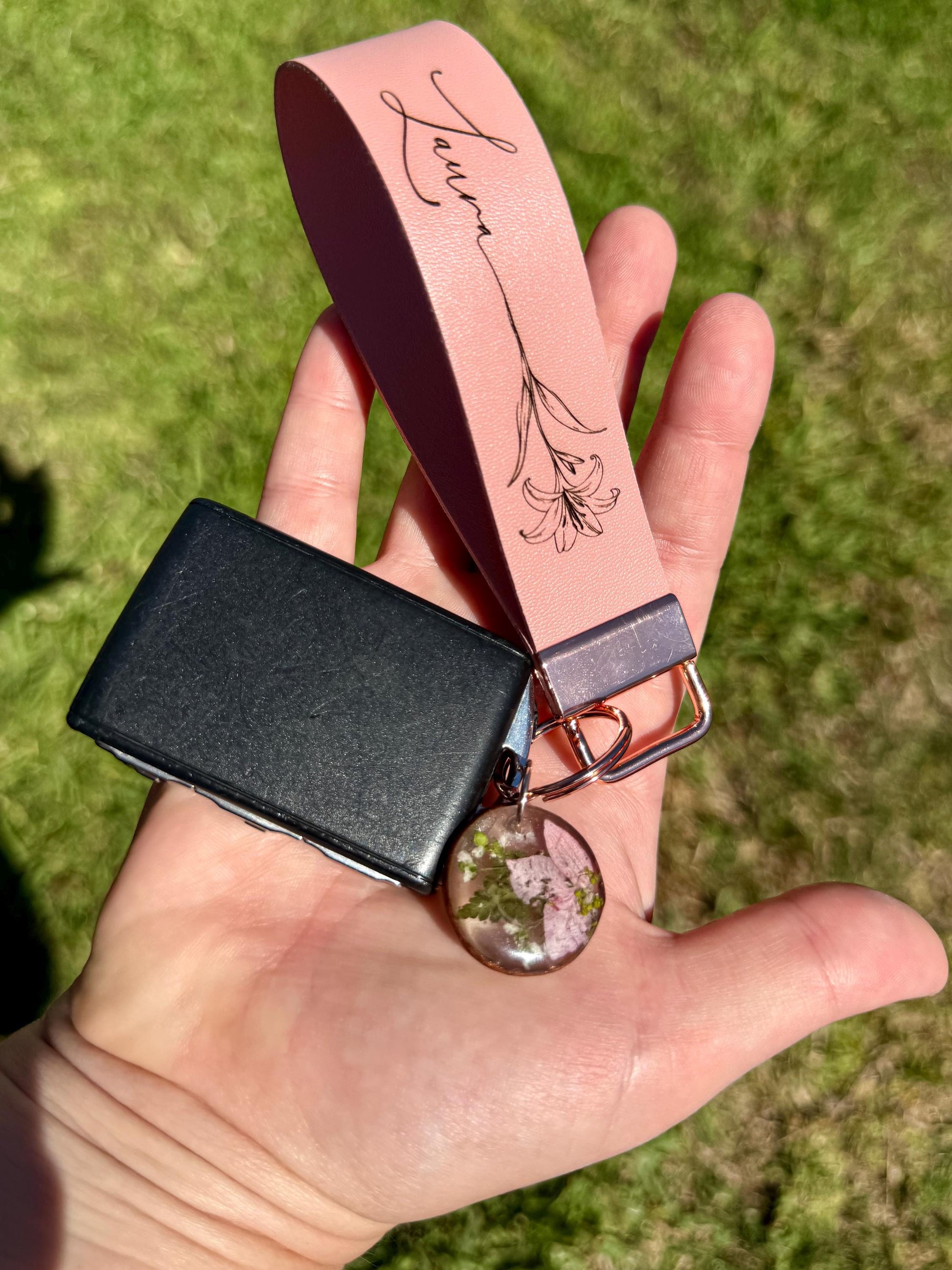Personalized Birth-Flower Wristlet, Faux Leather Keychain, Birthdate Engraved Strap | Custom Resin Flower Charm Gift